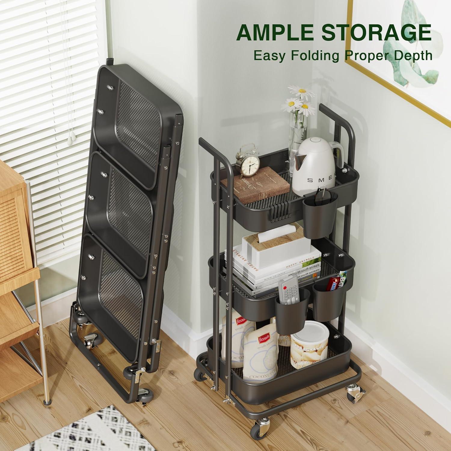 Wharick Foldable Storage Cart 3 Tier Rolling Cart with Wheels Folding Metal Cart Organizer with Handle Utility Cart with Basket for Kitchen Pantry, Classroom, Office