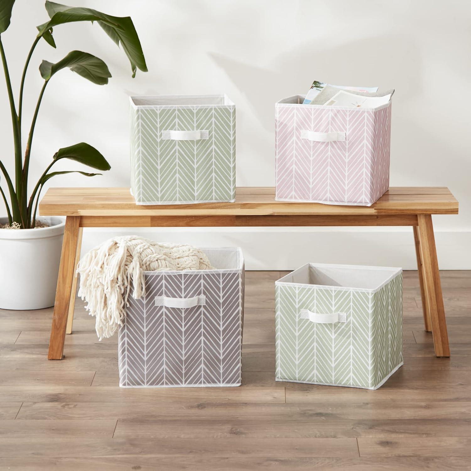 Gray Herringbone Fabric Cube Storage Bins, Set of 2