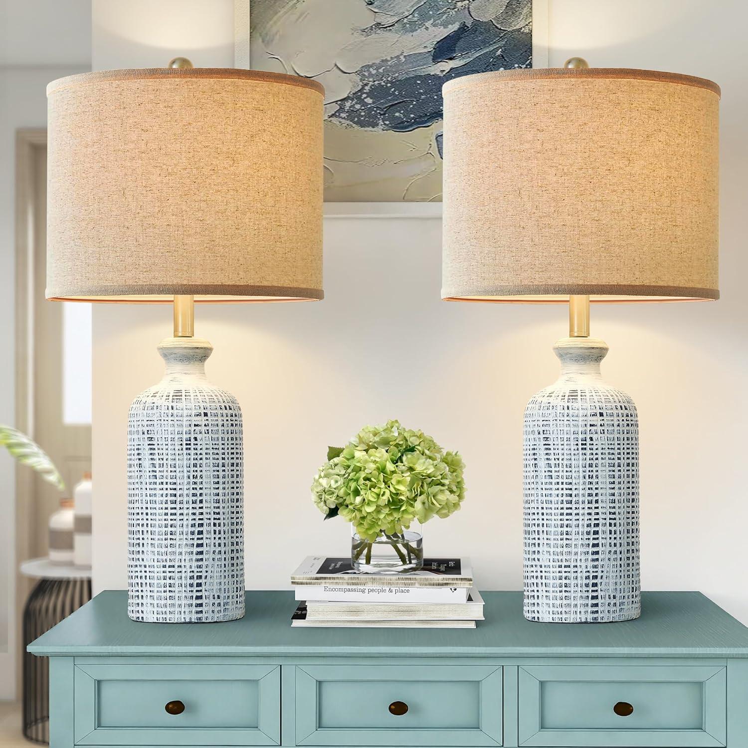 Set of 2 Blue and White Ceramic Table Lamps with Linen Shades