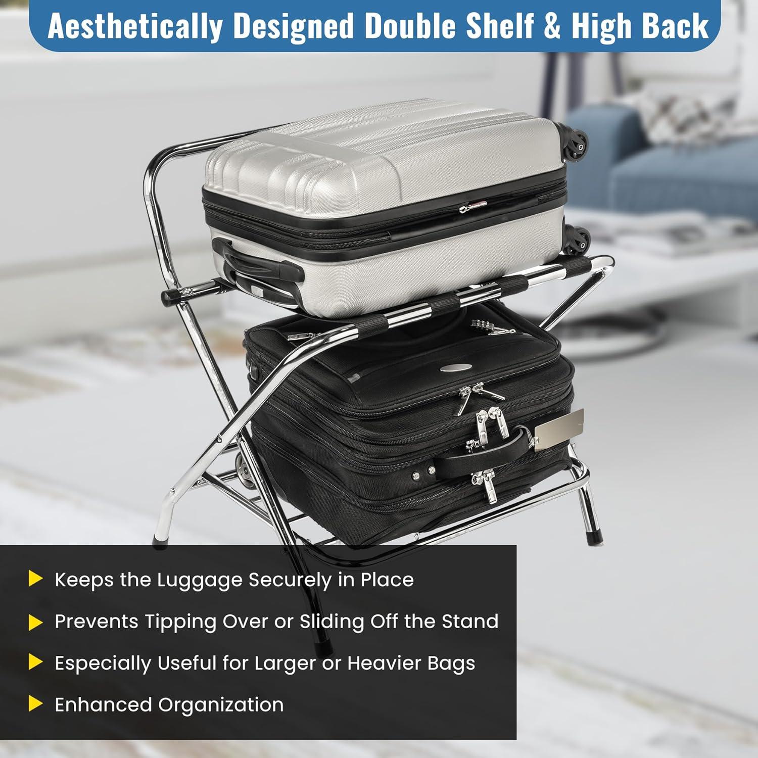 Chrome Foldable Luggage Rack with Nylon Straps and Rubber Feet