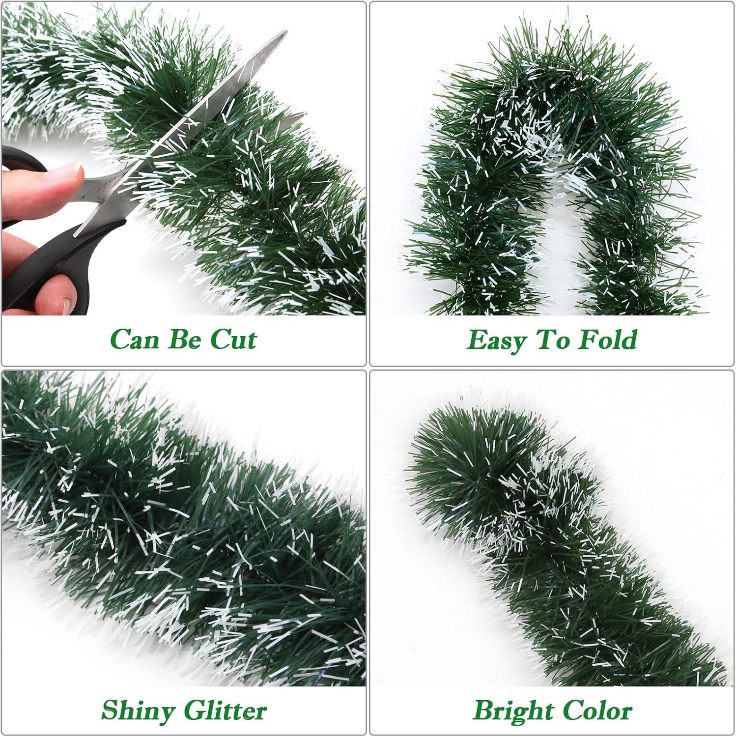 50FT Christmas Tinsel Garland Decorations to Christmas Tree, Thick and Thin Metallic Streamers Foil Tinsel Twist Garland Decor Home Indoor Outdoor Party Supplies (Green)