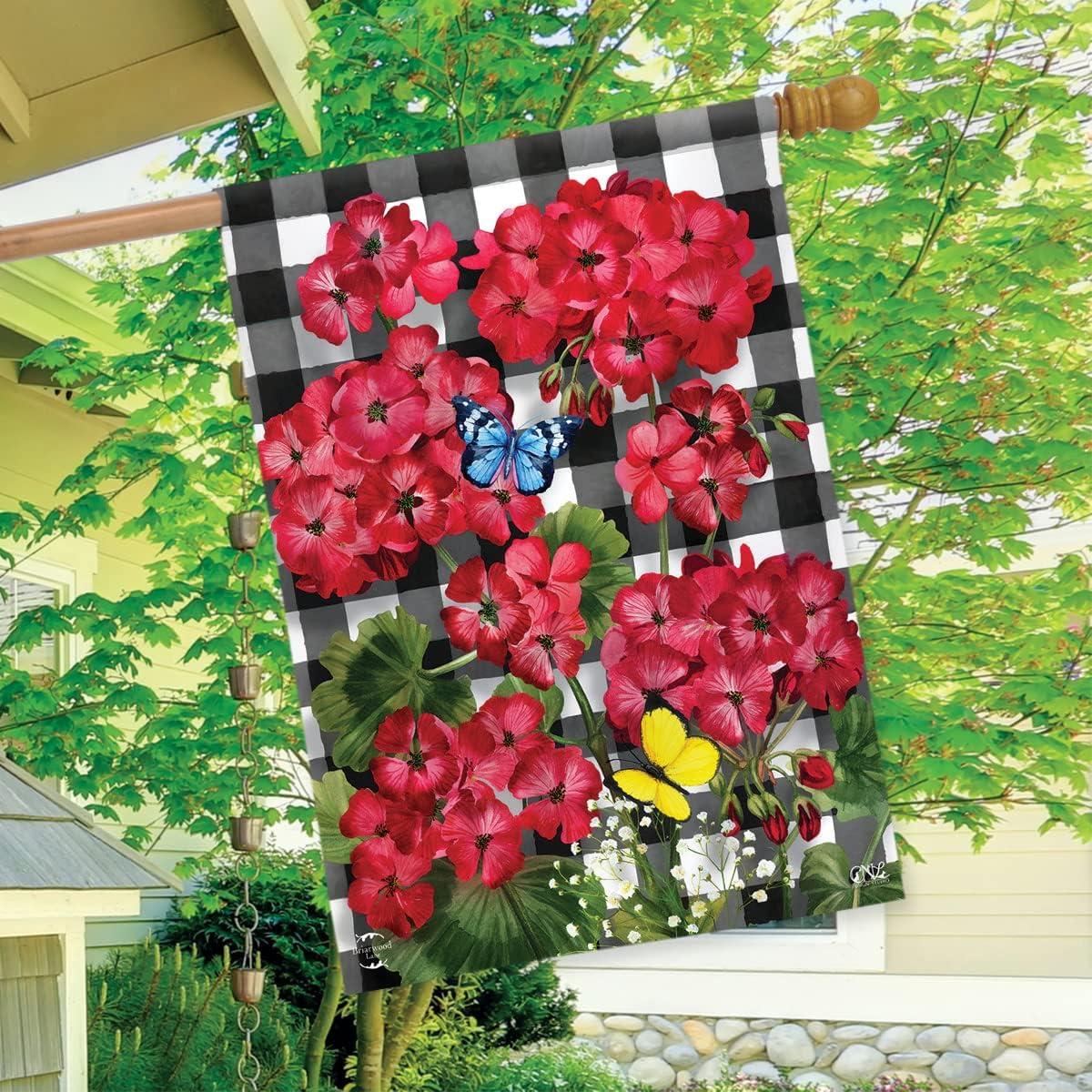 Checkered Geraniums Summer House Flag Floral 28" x 40" Briarwood Lane