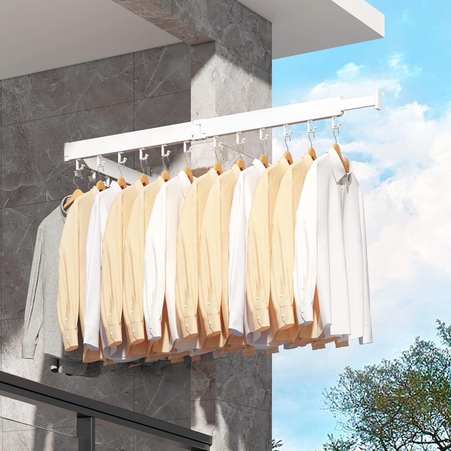 Dr.DJ Clothes Drying Rack for Laundry, Retractable Clothes Hanger Rack Wall Mounted Folding Indoor, Drying Rack, Space Saver Clothes Rack,Collapsible (Tri-Fold) with 18 J-Hooks Laundry Rack White
