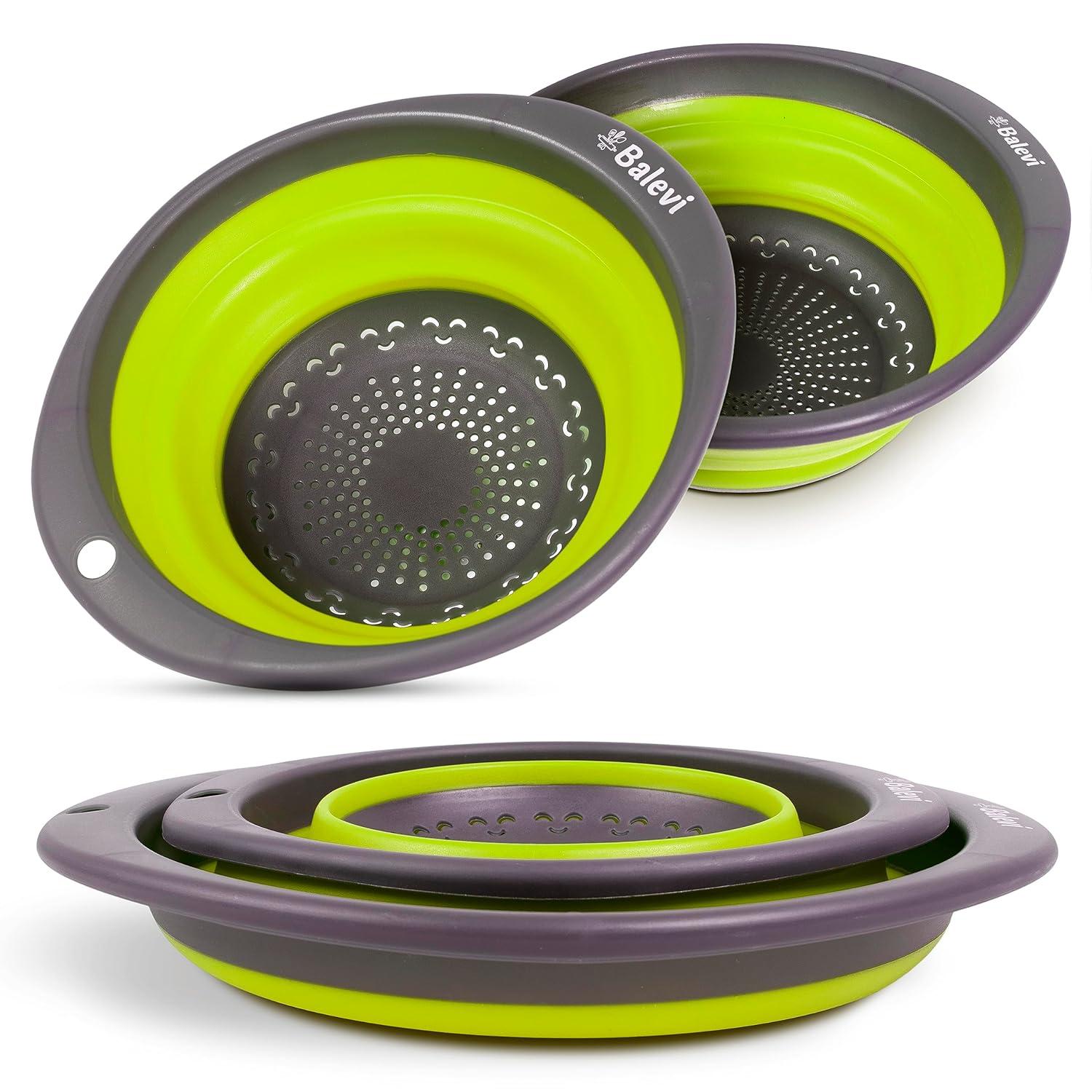 "Balevi Collapsible Strainers for Kitchen - Collapsible Colander Set of 2 Made of Silicone - Collapsible Strainer with Little Pegs to Keep Food Elevated - Green"