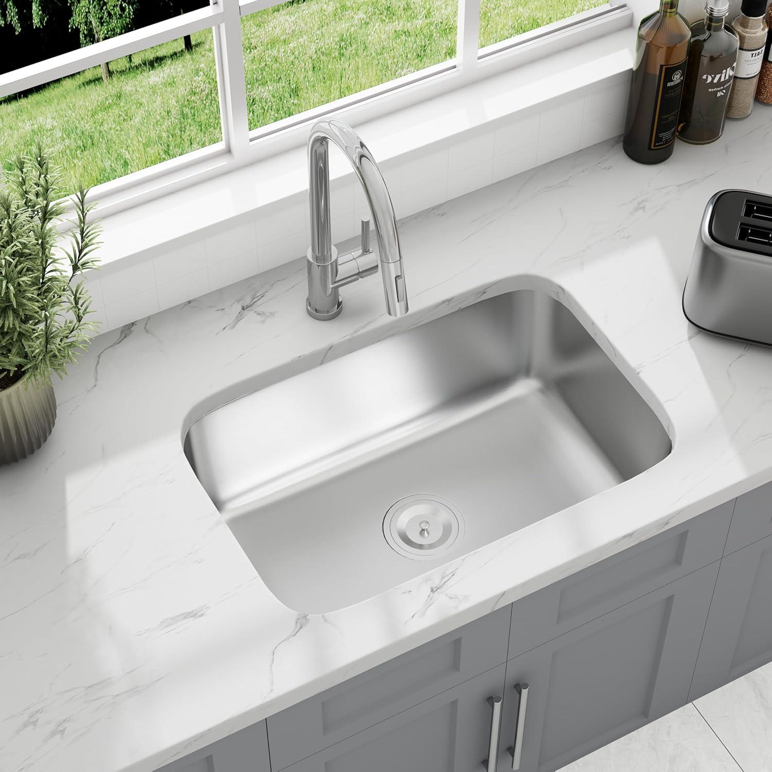 Blenzia 27 Inch Curved Undermount Kitchen Sink 304 Stainless Steel 18 Gauge Single Bowl Sinks