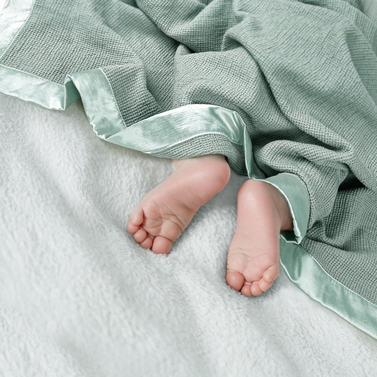 Lulu moon Swaddle Baby Blanket: Waffle Blanket with Satin Trim - Soft Breathable Toddler Blanket Perfect for Nursing Cover and Playtime - Cotton Crib Blanket for Daytime Naps 40"x36"(Sage)