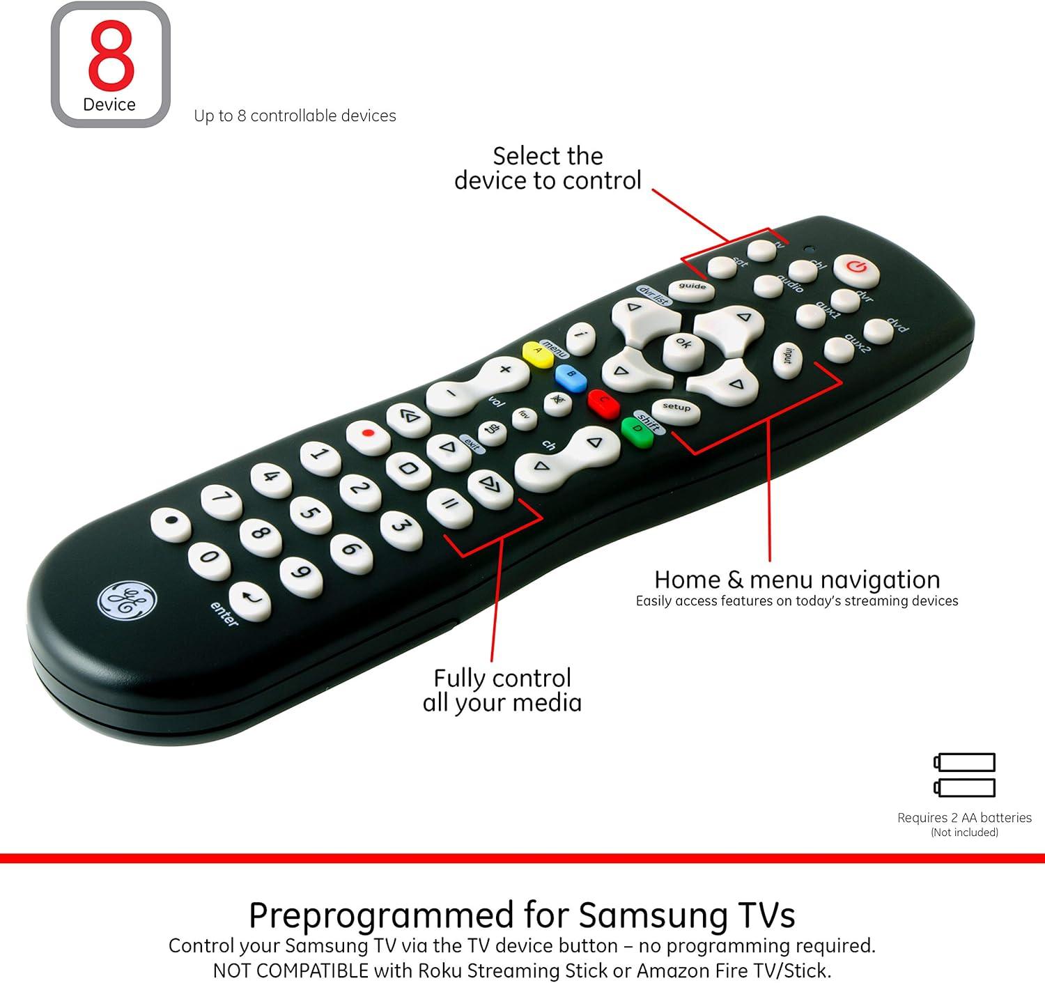 GE 8-Device Universal TV Remote Control in Black, 33715