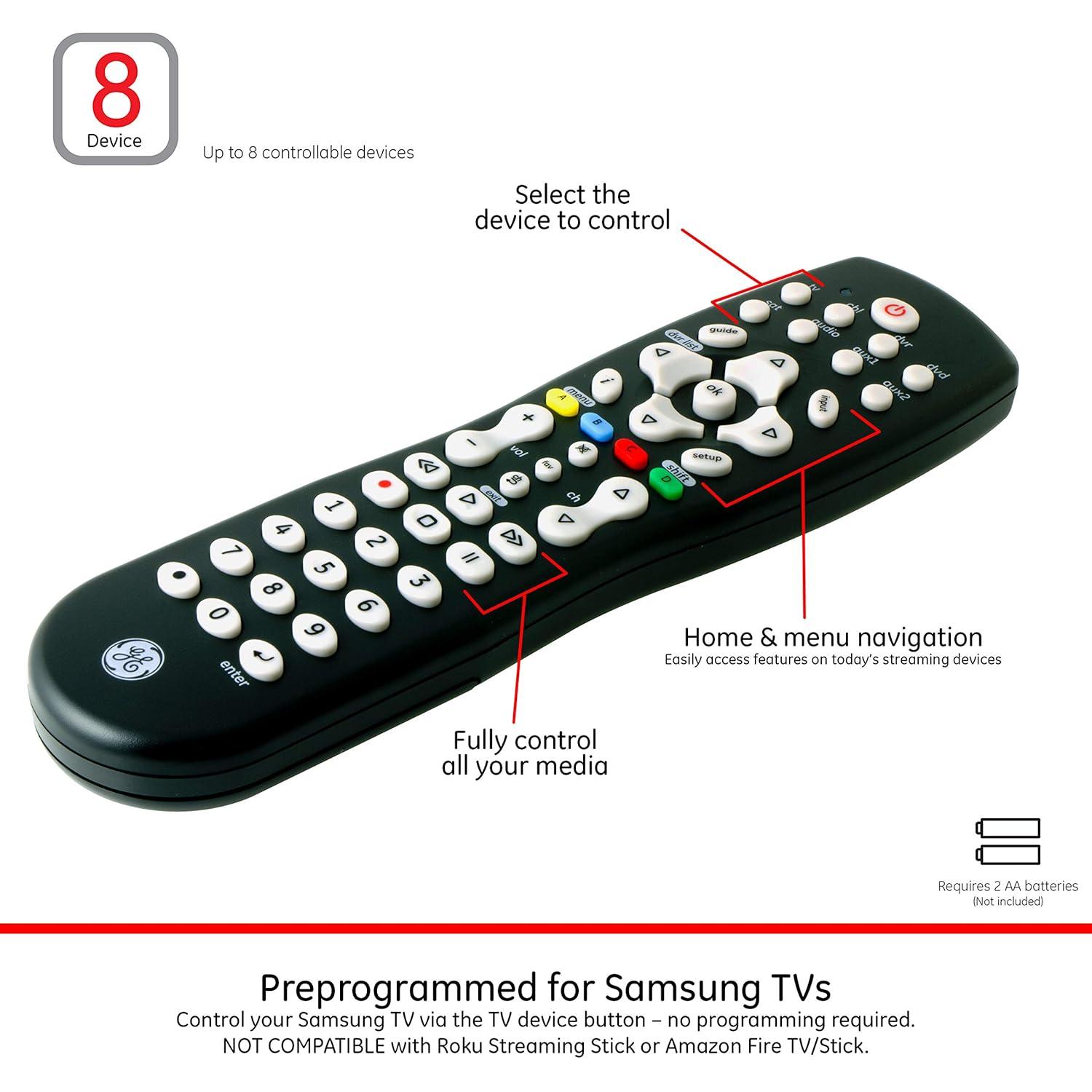 GE 8-Device Universal TV Remote Control in Black, 33715