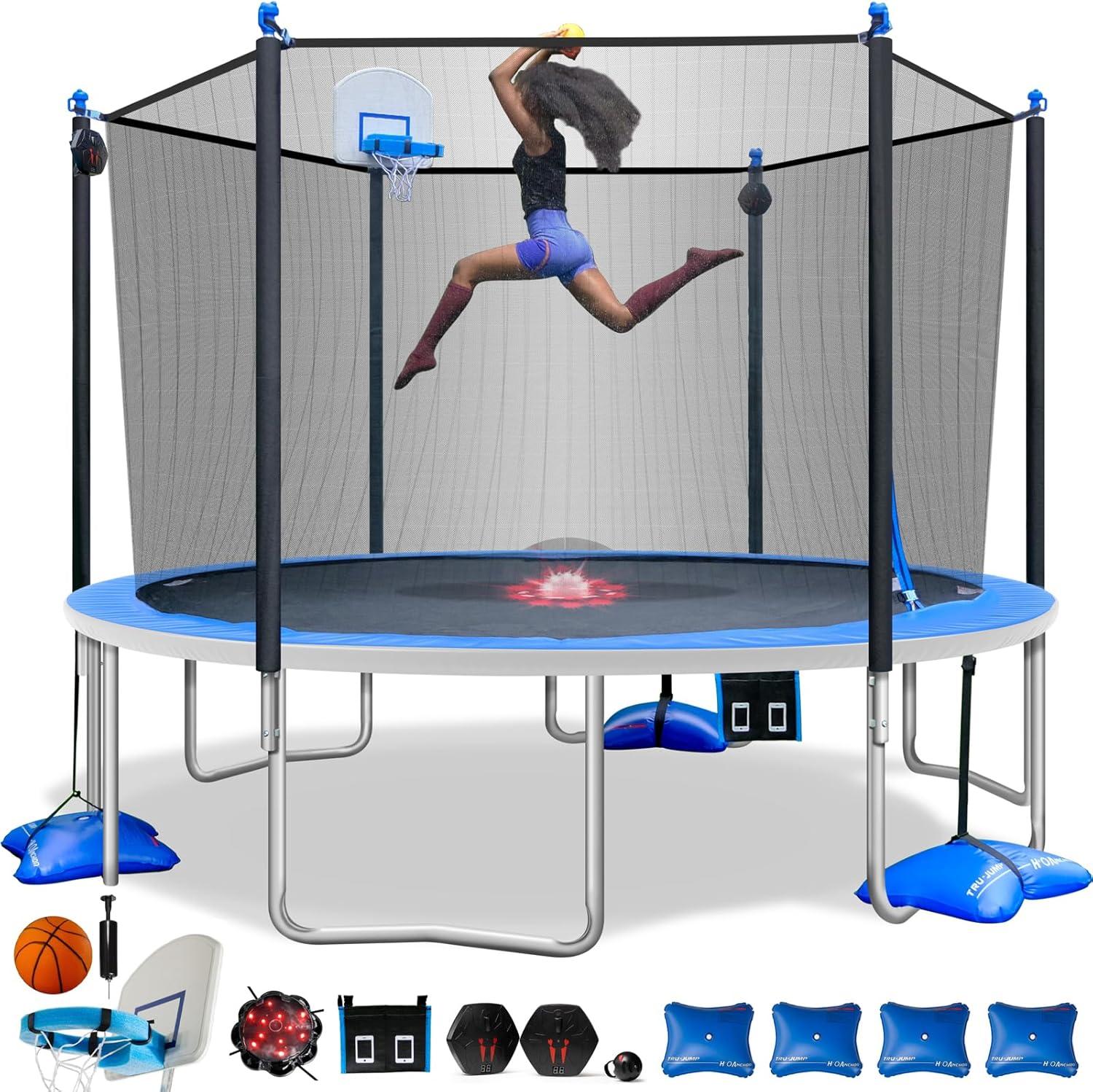 12-Foot Blue Alloy Steel Round Trampoline with Enclosure and Basketball Hoop