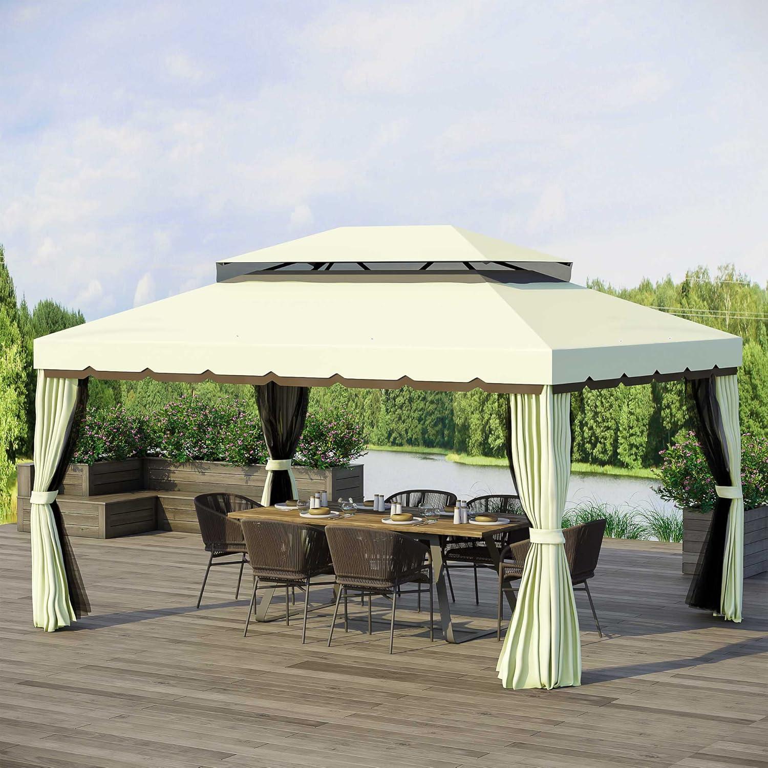 Outsunny 10' x 13' Patio Gazebo, 2-Tier Polyester Roof, Vented Canopy, Mesh, Portable Aluminum Frame for Outdoor, Cream White
