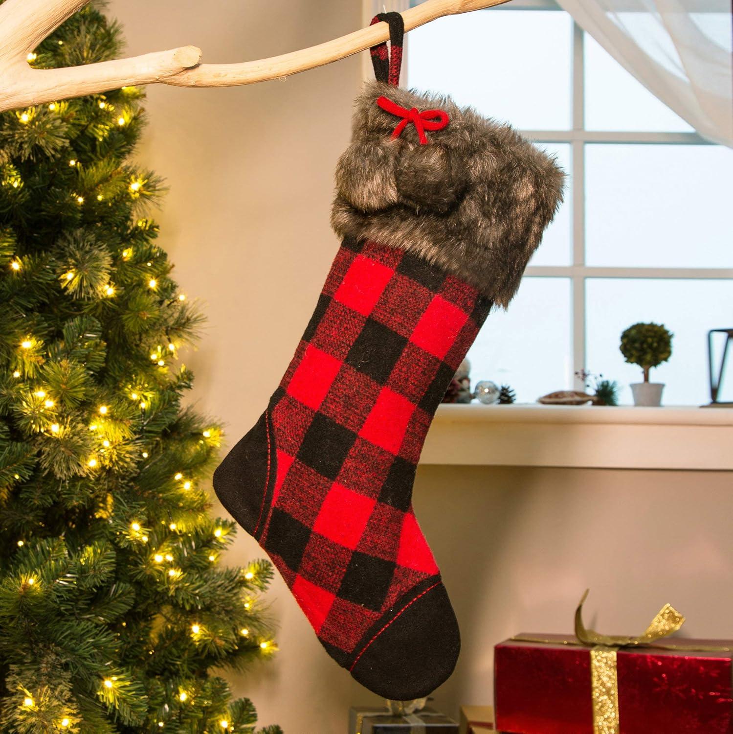 Red and Black Plaid Faux Fur Christmas Stocking