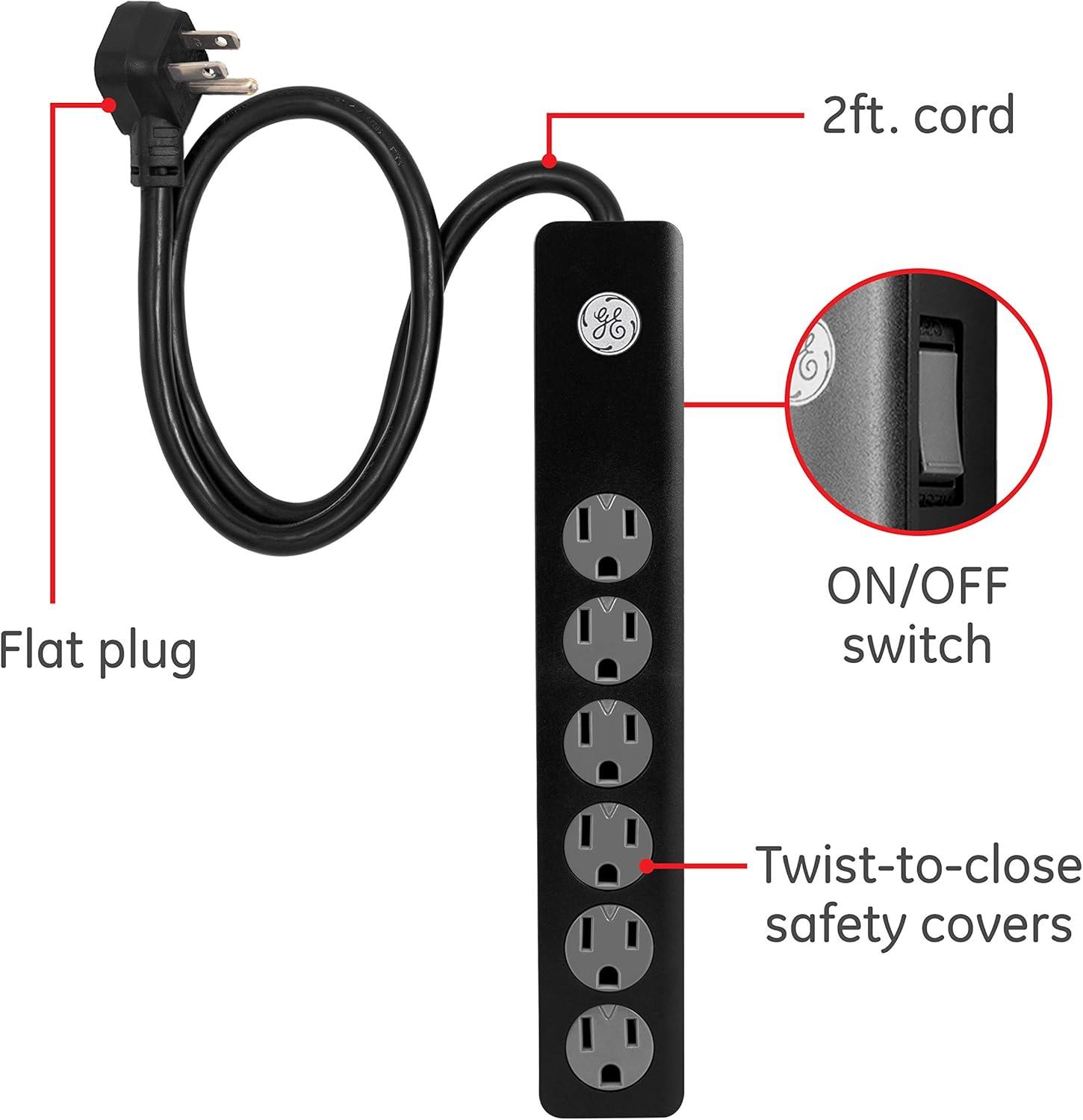 Black 6-Outlet Surge Protector Power Strip with USB Slot