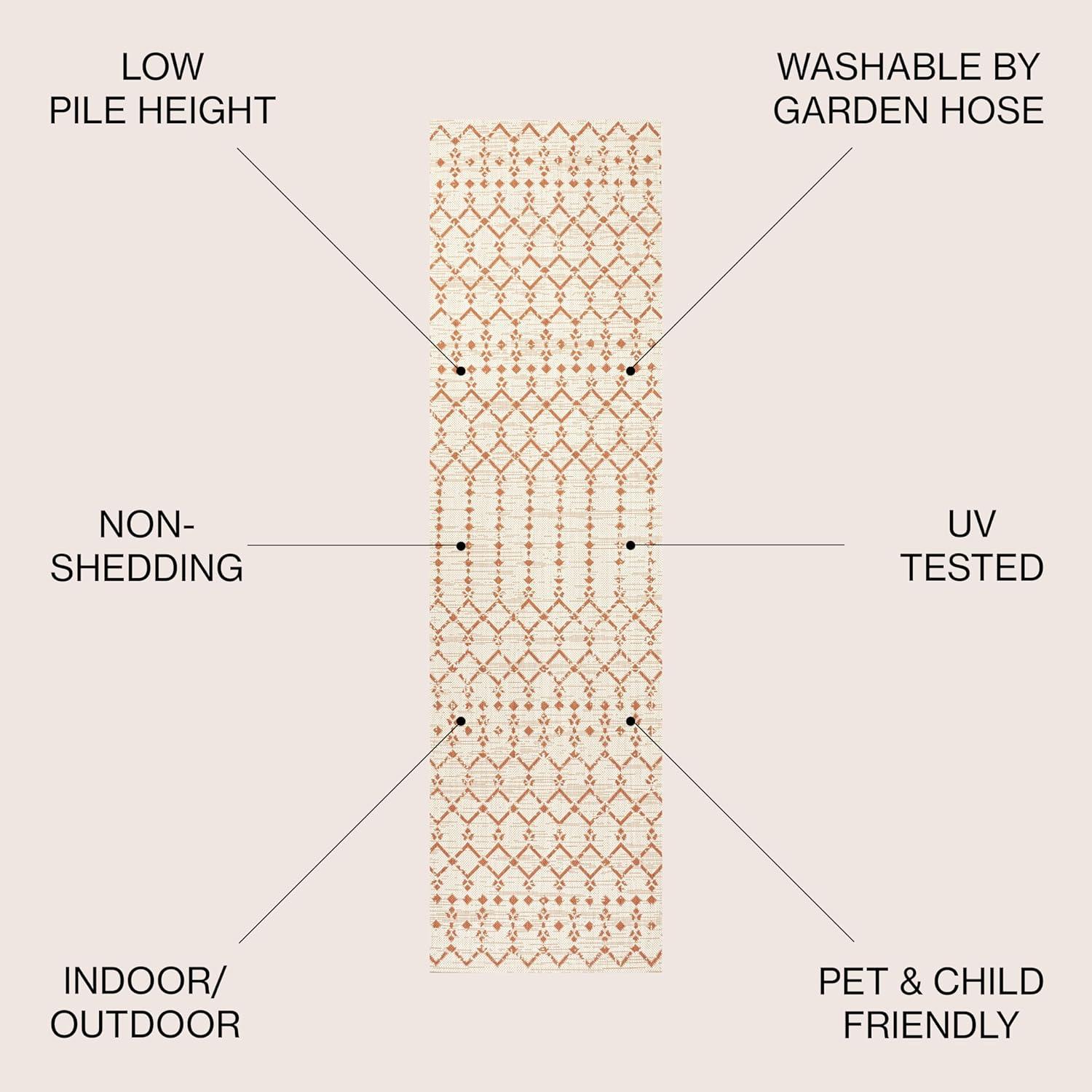 2' x 10' Ourika Moroccan Geometric Textured Weave Indoor/Outdoor Runner Rug, Cream/Orange - JONATHAN Y