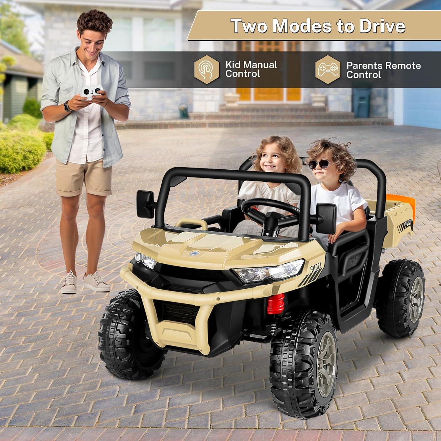 JOYRACER 24V 2 Seater Ride On Dump Truck with Remote Control , Electric UTV Car with Electric Dump Bed, 4WD Power Ride Cars W/6 Wheels Ride On Toys with Shovel Music Player