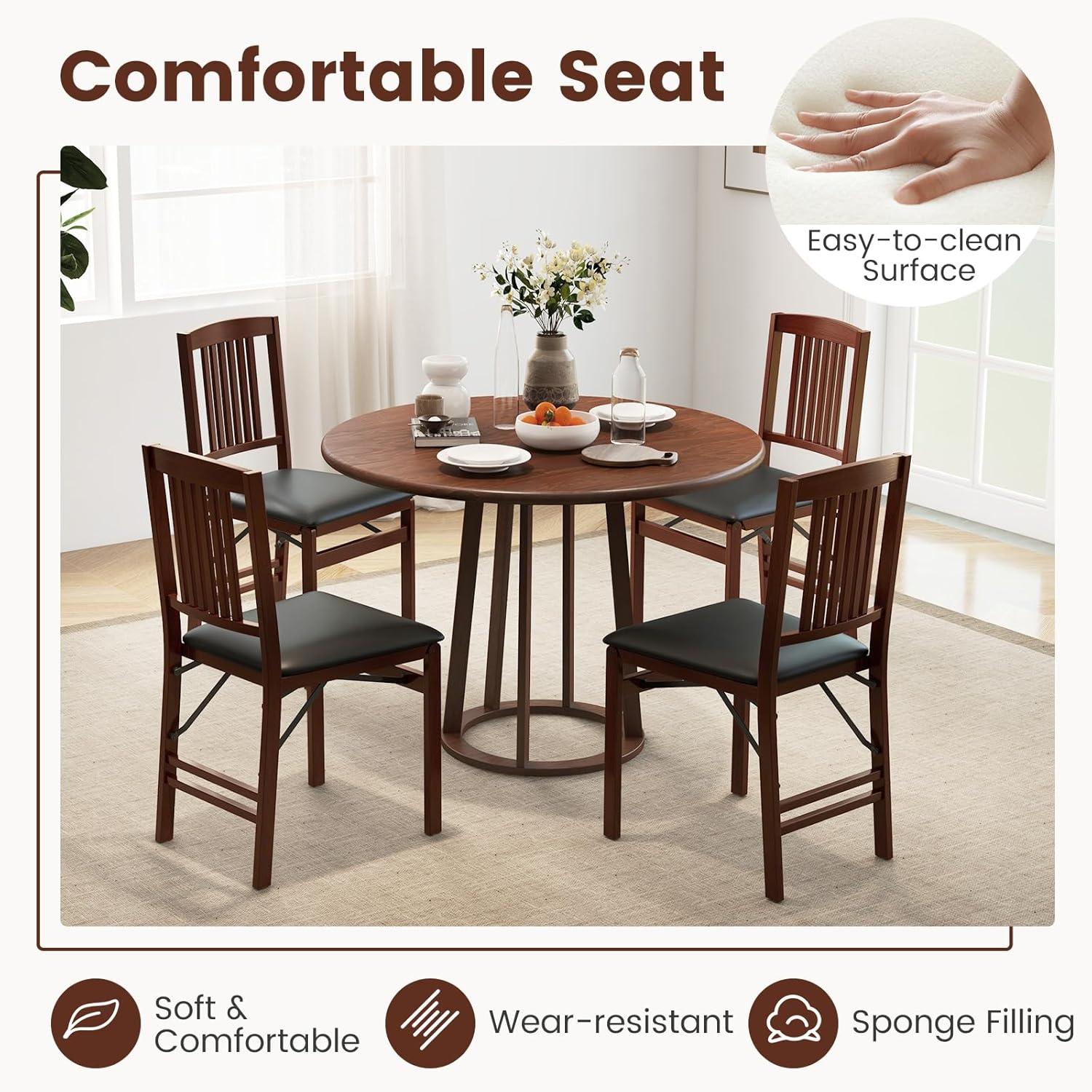 GVN Set of 2 Folding Chairs with Padded Seat and Rubber Wood Frame-Brown, Dining Room Chairs, Lounge Chair for Kitchen, Dining, Bedroom, Living