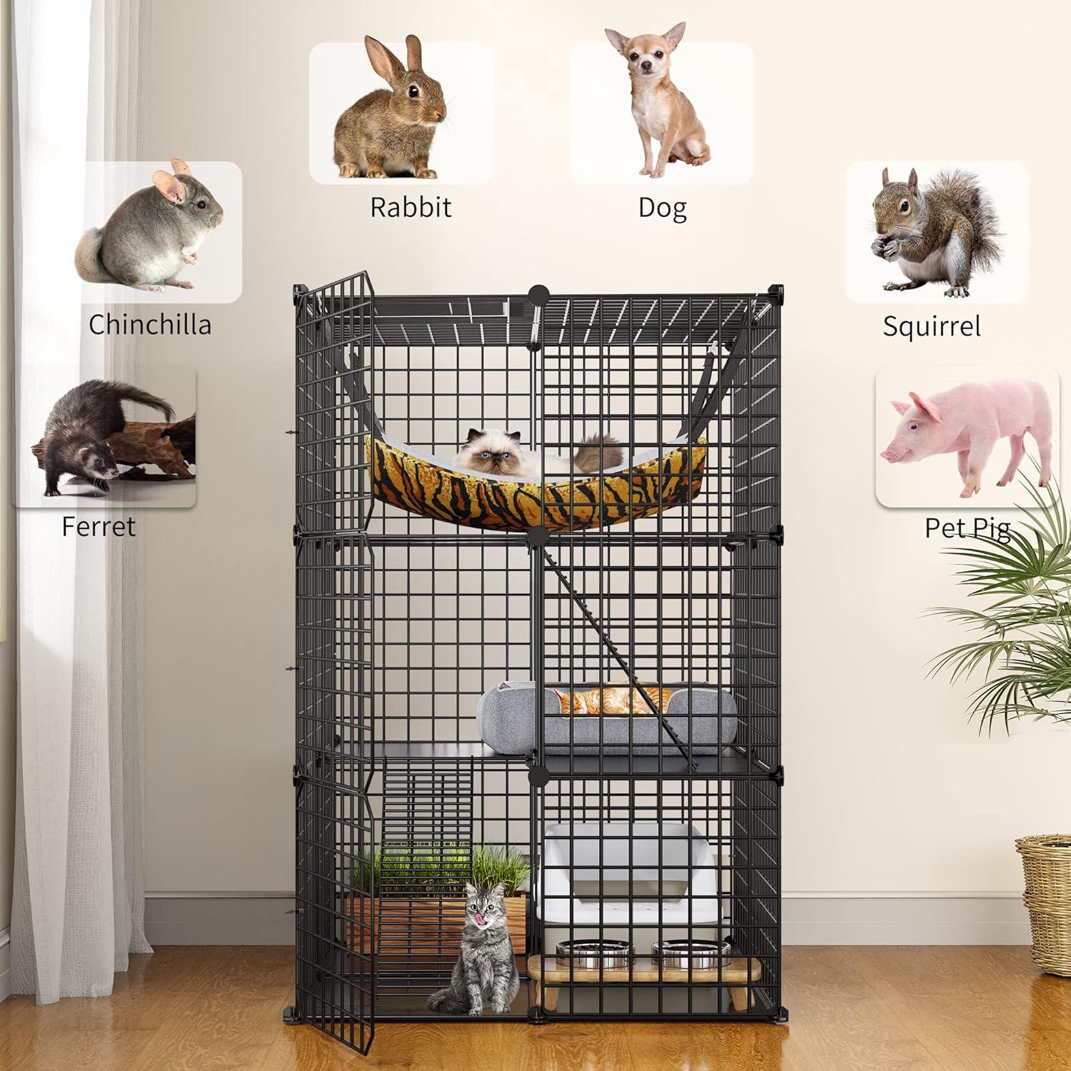 Cat Cage Indoor Catio DIY Cat Enclosures Metal Cat Playpen 3-Tiers Kennels Pet Crate with Extra Large Hammock for 1-2 Cats, Rabbit