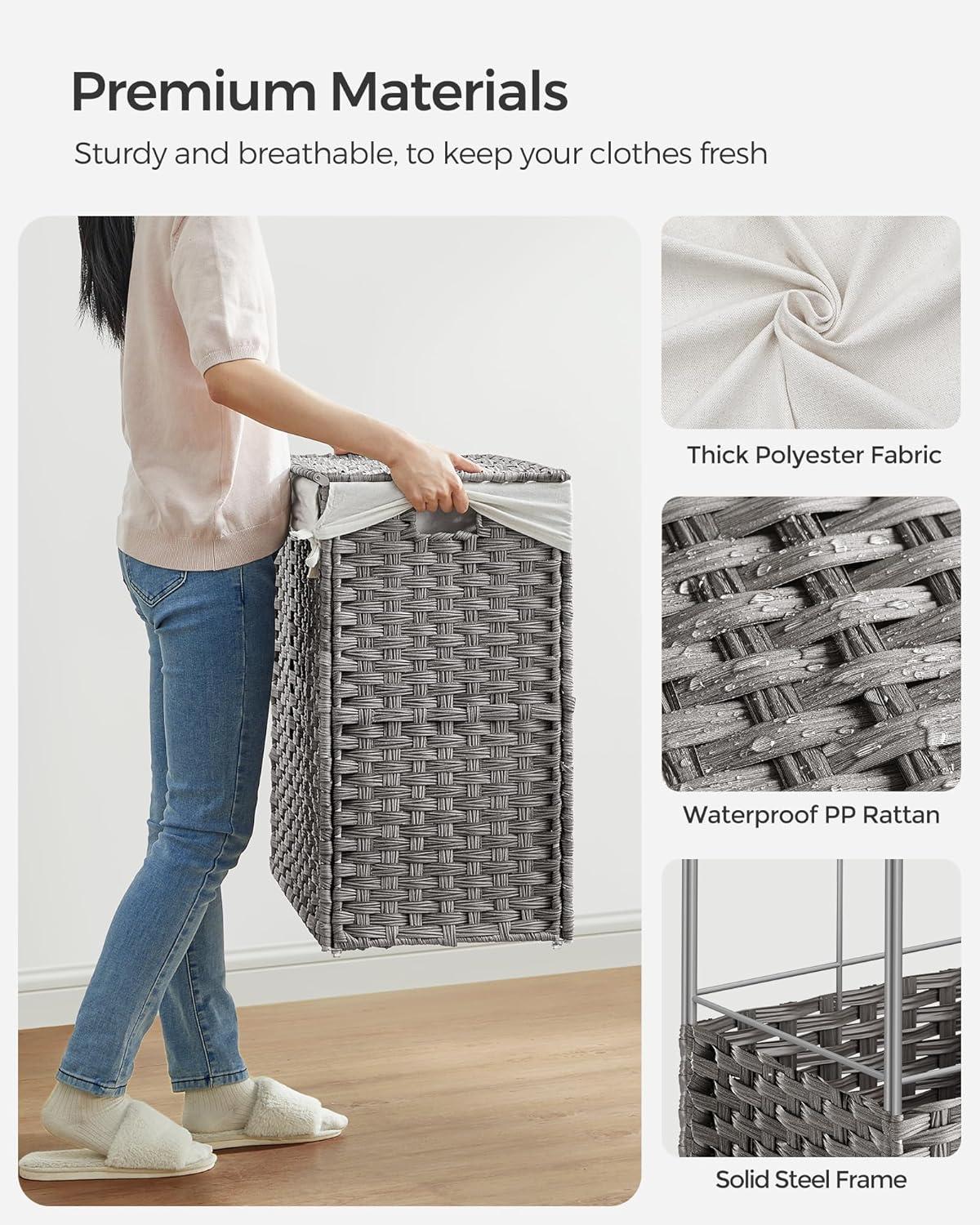 Gray Collapsible Rattan Laundry Hamper with Wheels and Lid