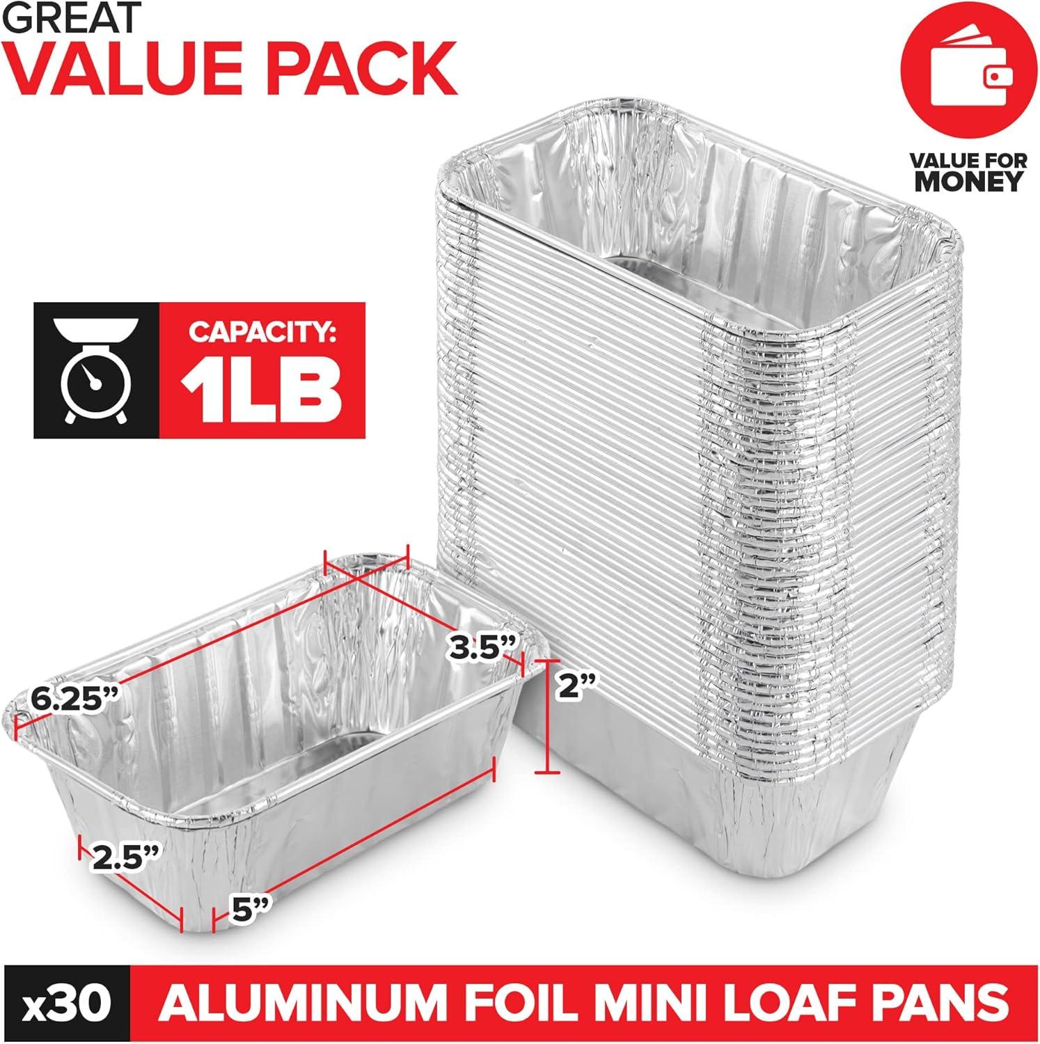 Stock Your Home 1 Lb Aluminum Foil Mini Loaf Pans (30 Pack) Disposable Small Loaf Pan – 1 Pound Baking Tin Liners, Perfect to Bake Cakes, Bread Loaves, and Meat - 6 x 3.5 x 2