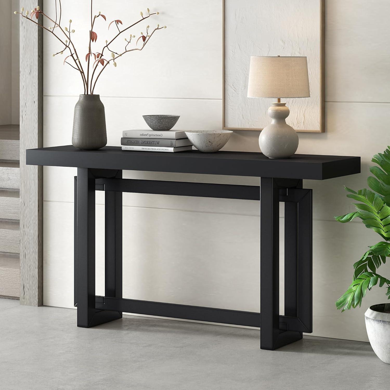 Black Pine and MDF Console Table with Concrete Top, 59''