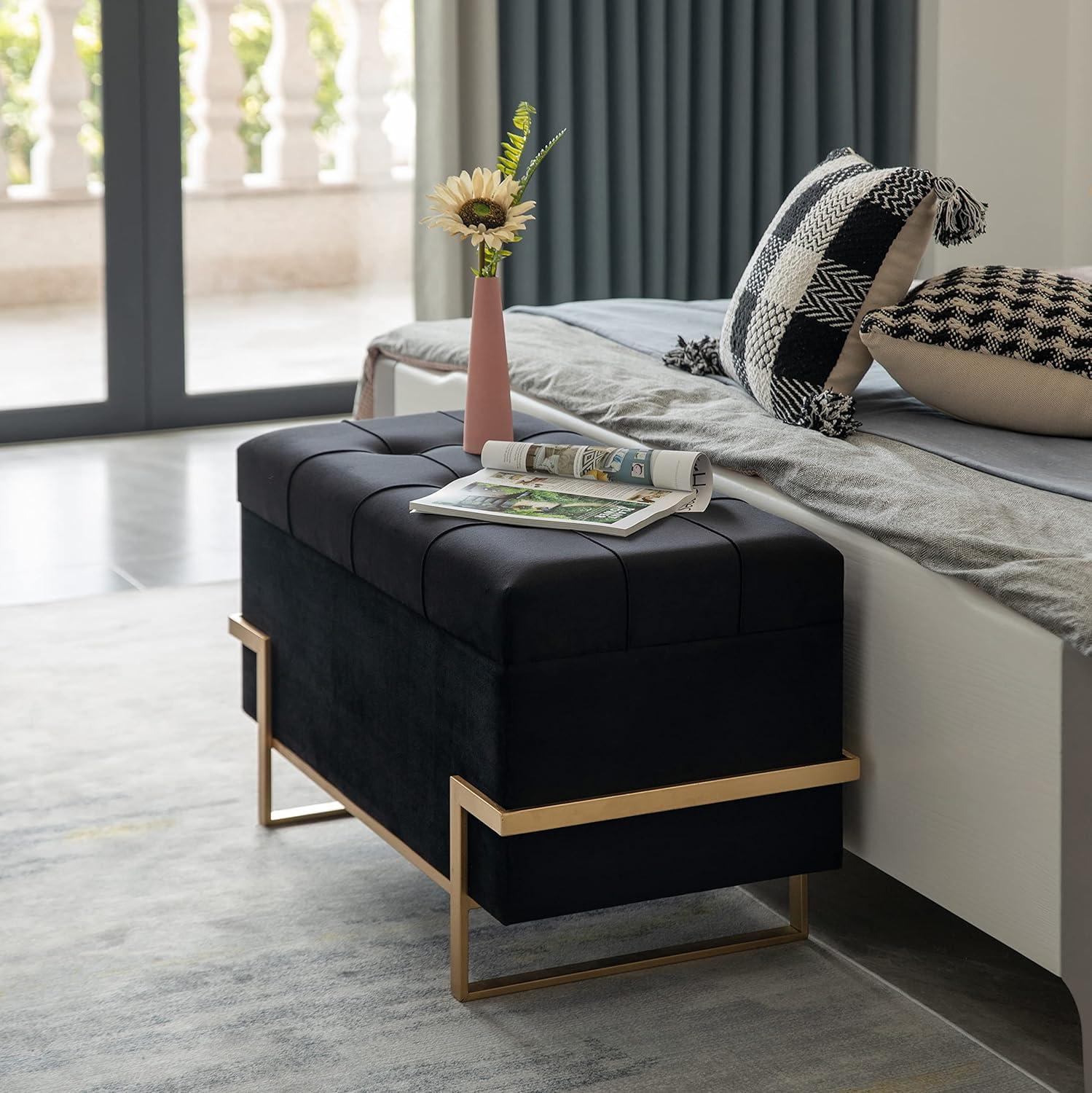 Fabulaxe Rectangle Velvet Storage Ottoman with Abstract Golden Legs | Sitting Bench for Living Room Home Decor with Unique Base Support (Black Large)