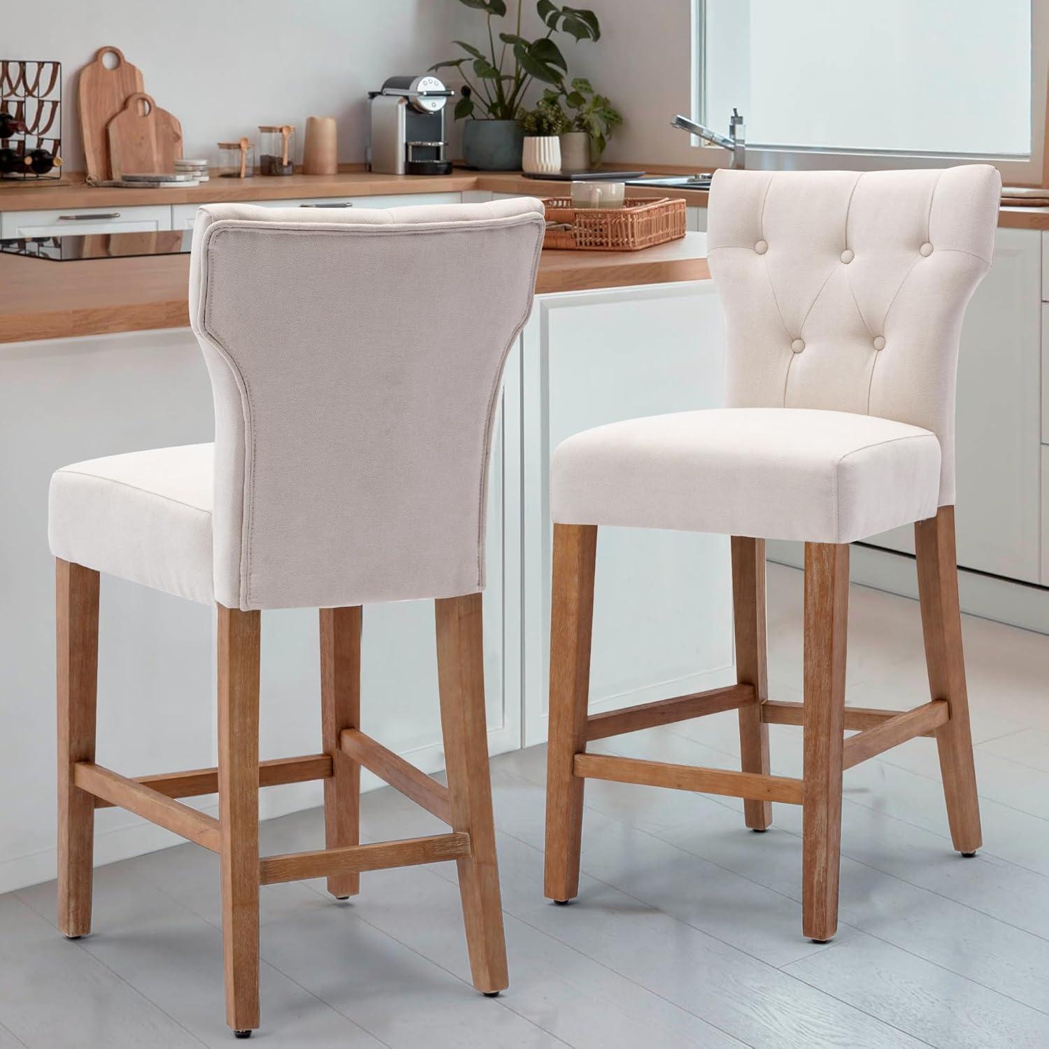 Modern Counter Height Wood and Fabric Bar Chair, Tall Wingback Style Bar Stool, Set of 2, Beige