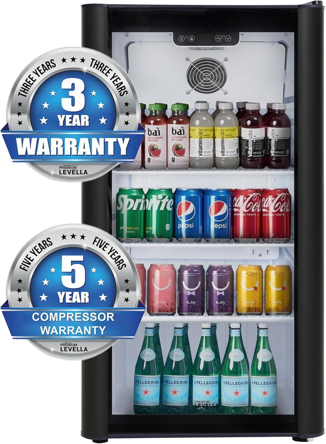 Premium Levella PRF37DX Glass Door Display Refrigerator 3.1 cu ft Commercial Beverage Cooler Merchandiser - Black