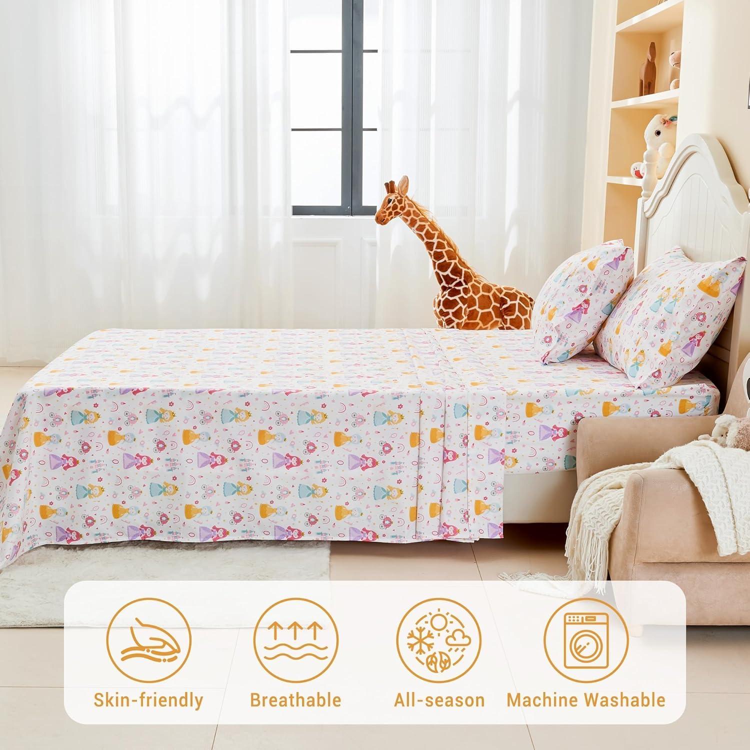 Softan Kids Bed Sheet Set, Girls Twin Size Sheets, Microfiber Fitted Sheet and Pillowcase, Breathable and Silky Soft, 3 Piece Castle Princess Printed Twin Bed Sheet