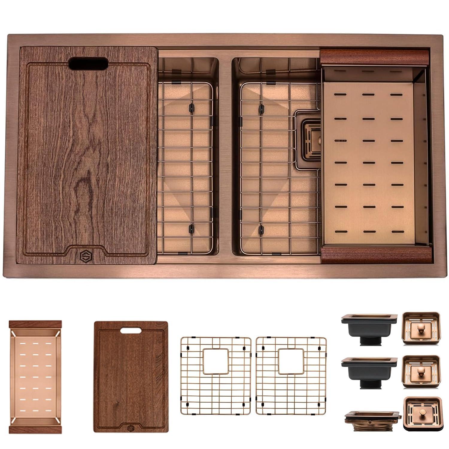 Strictly Sinks 32” Copper Undermount Workstation 16 Gauge Double Bowl Kitchen Sink Stain Resistant