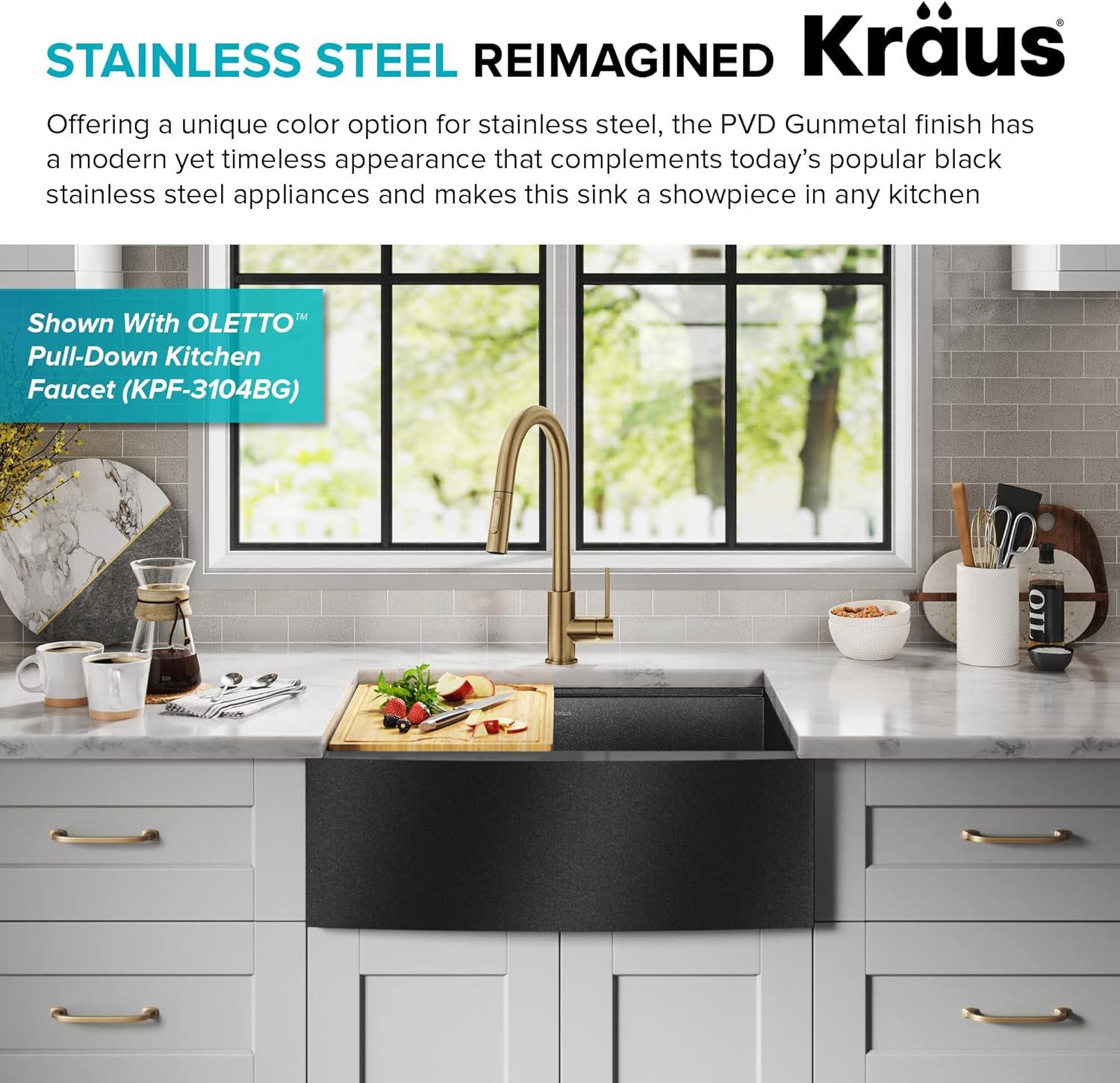 KRAUS Kore™ 27" L Farmhouse Apron Front Workstation 16 Gauge Black Stainless Steel Single Bowl Kitchen Sink