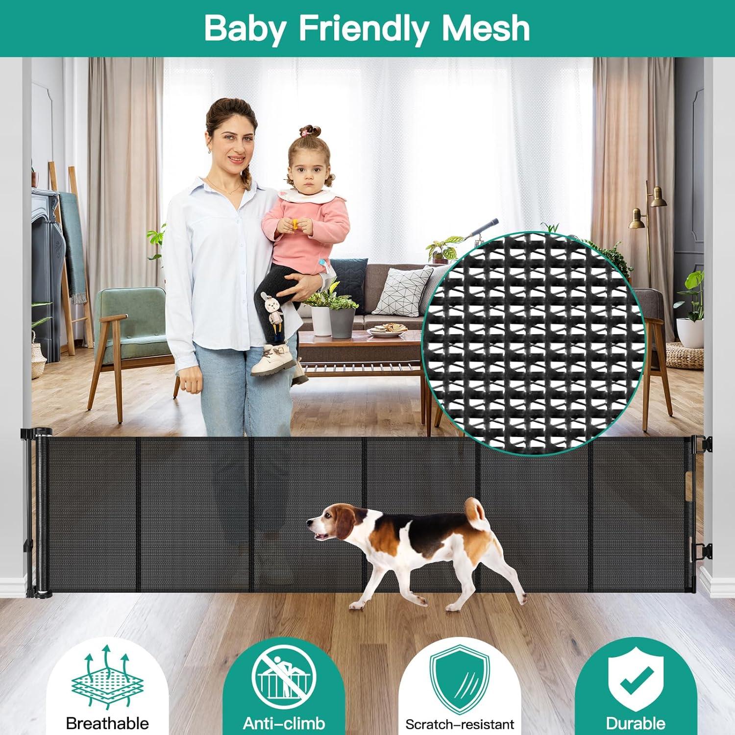 24 Inches Tall Retractable Baby Gates for Doorways, Short Dog Gates to Step Over, Extends up to 55" Wide, Reinforced Mesh Baby Gate for Kids or Pets, Gates Puppy Gates for The House (Black)