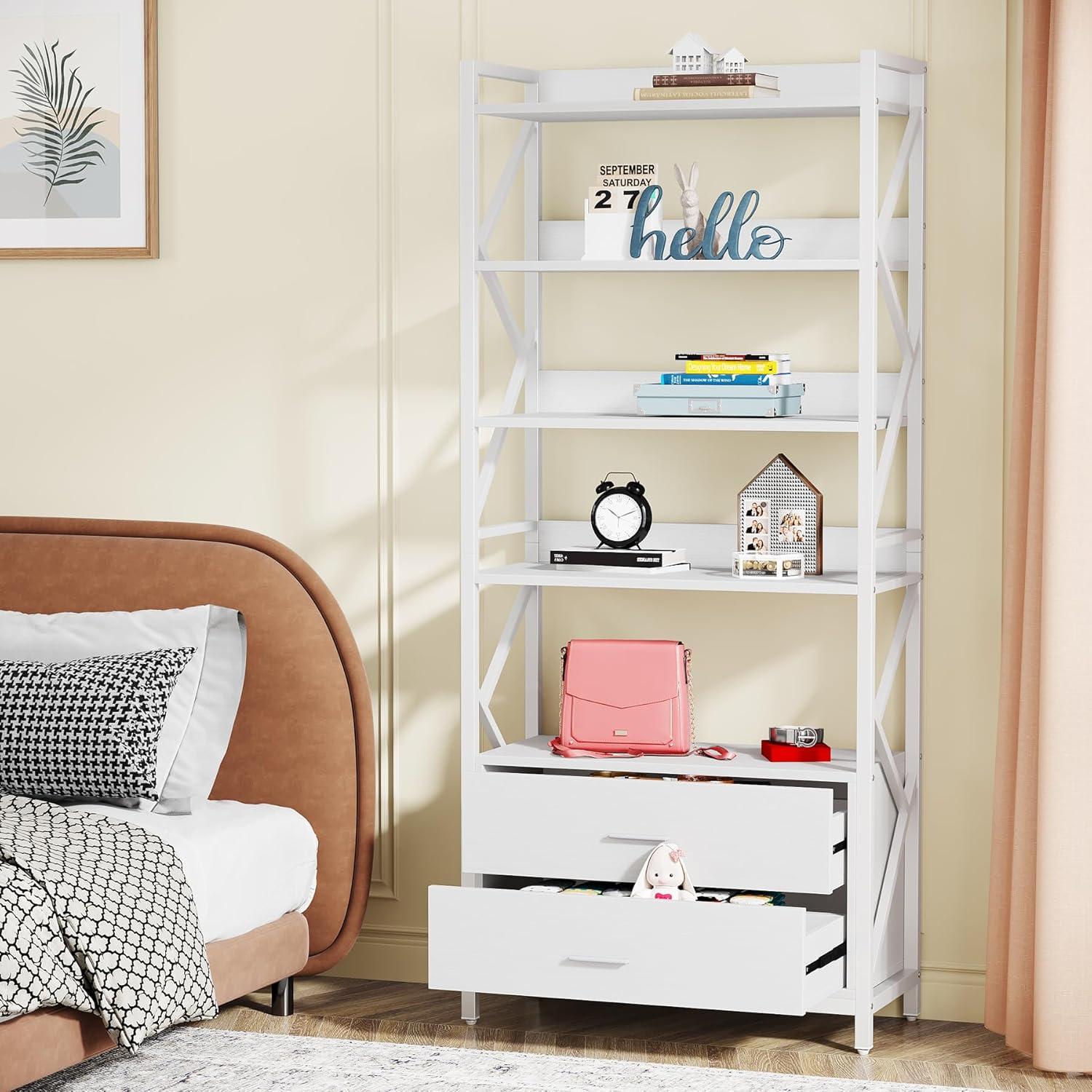 Bookshelf with Drawers, 70.8" Modern Bookcase with 2 Drawers, 5 Shelf Open Shelf for Storage