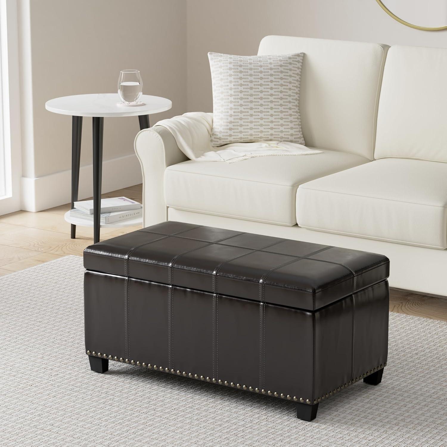 Simpli Home Amelia Storage Ottoman Bench In Tanners Brown Vegan Faux Leather