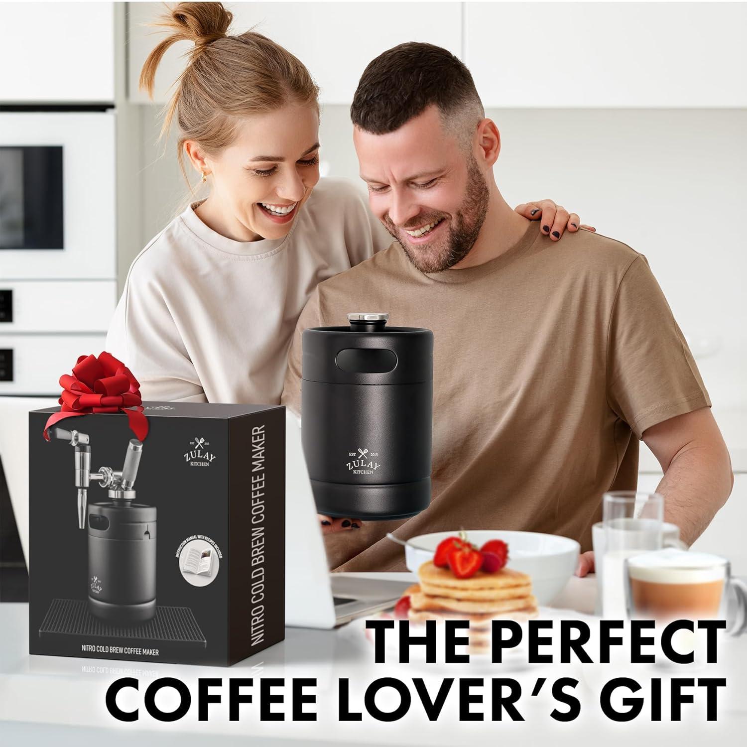 Zulay Nitro Cold Brew Coffee Maker - 64 oz Keg with Creamer Faucet, Collapsible Funnel & Drip Mat