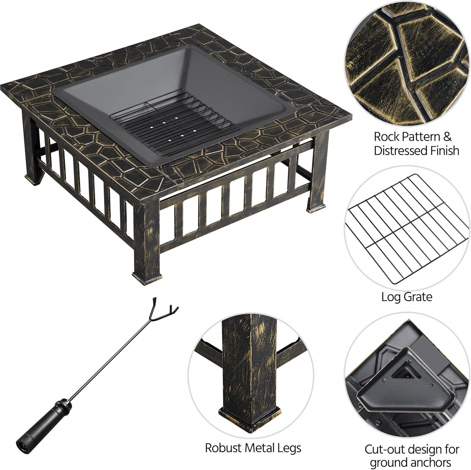 Topeakmart 32'' Outdoor Metal Square Fire Pit with Cover & Poker, Bronze