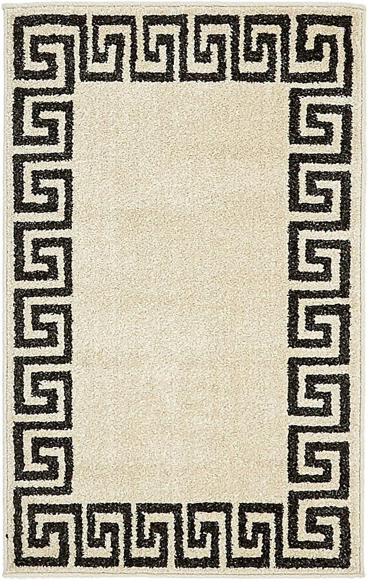 Athens Beige and Black Geometric Border Rectangular Rug