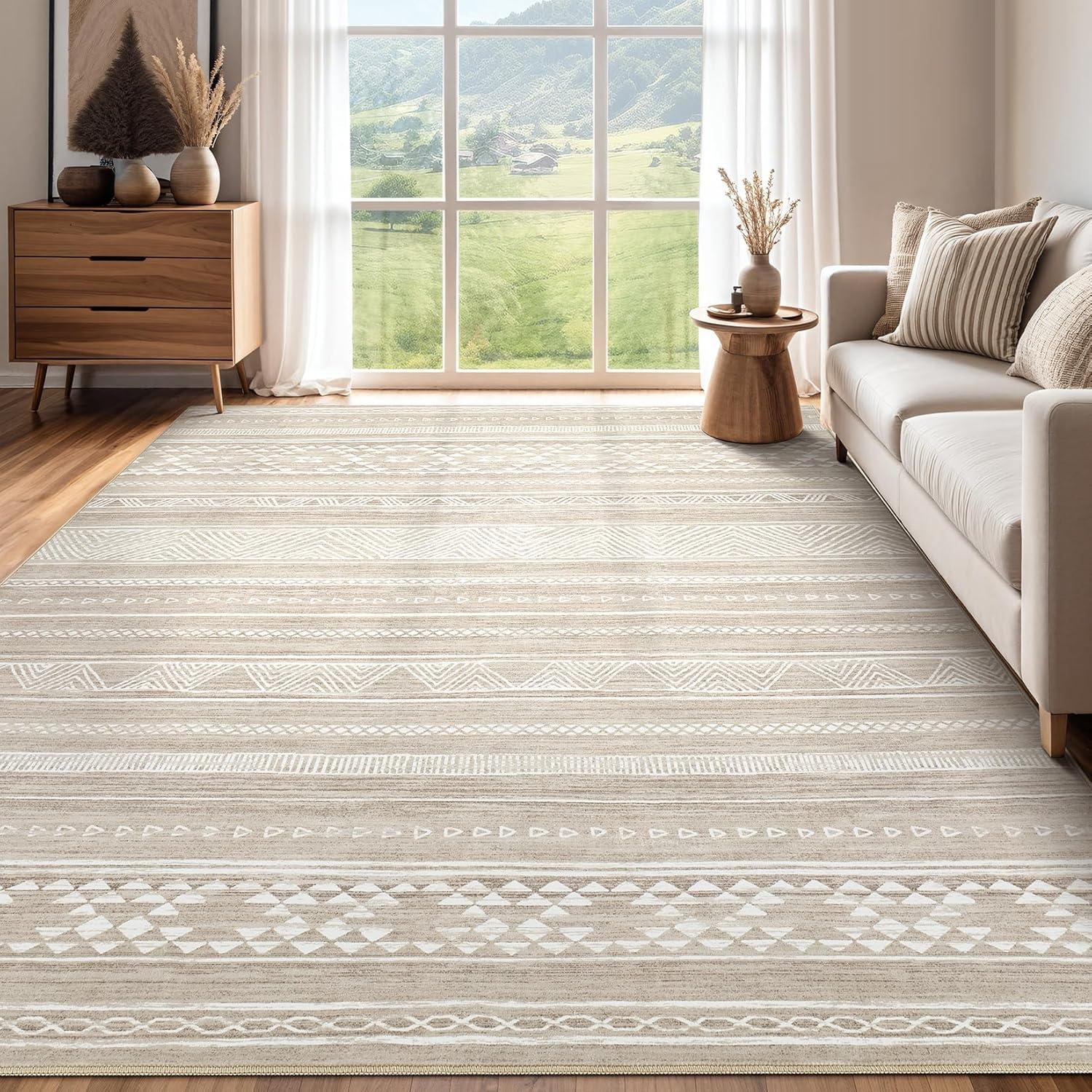 Large Living Room Area Rug 5x7: Soft Machine Washable Boho Moroccan Farmhouse Rugs for Bedroom Under Dining Table - Non-Slip Neutral Morden Indoor Floor Carpet for Home Office - Brown/Cream