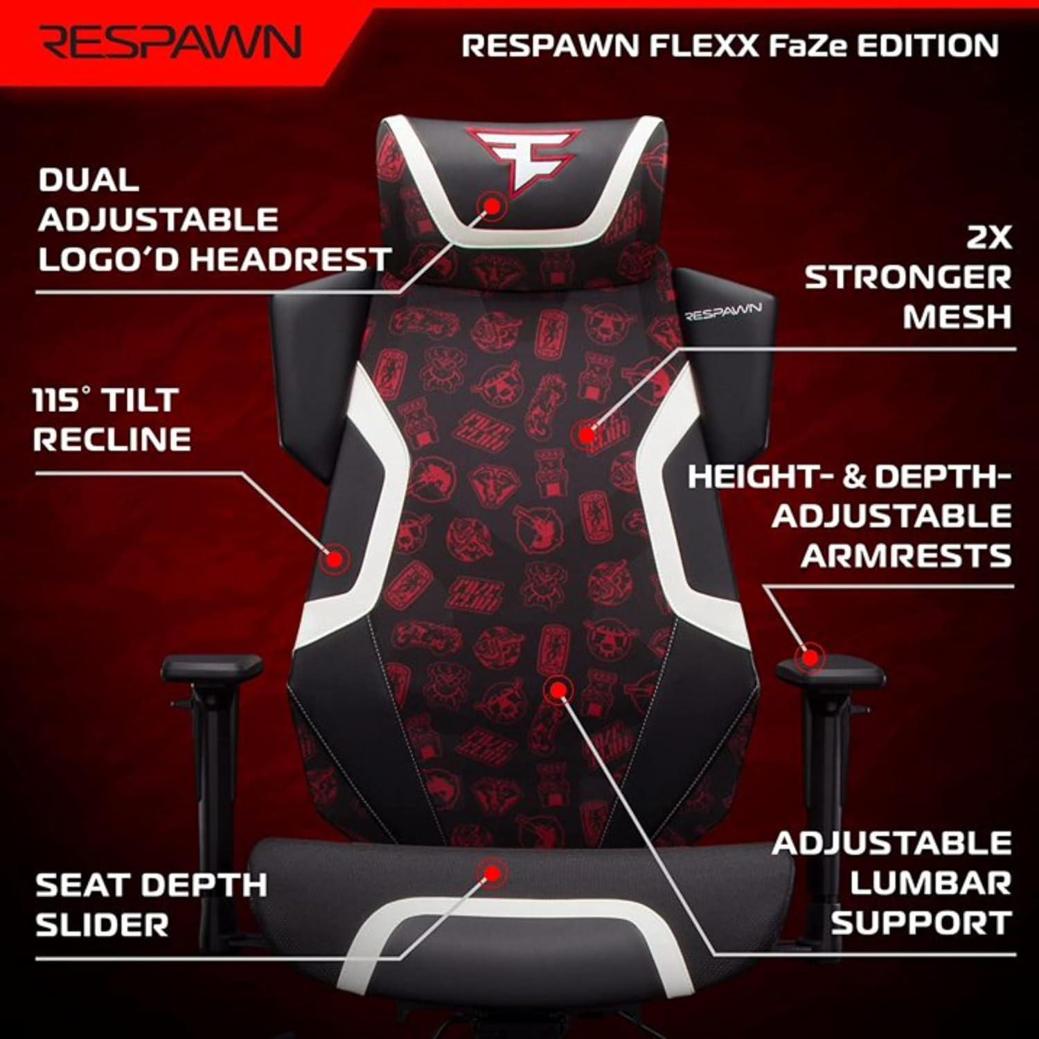 RESPAWN FLEXX Mesh Gaming Chair With Lumbar Support, Ergonomic Gaming Chair with Recline/Tilt Tension Controls, Adjustable Arms, 300lb Max Weight With Wheels for Computer/Desk/Office