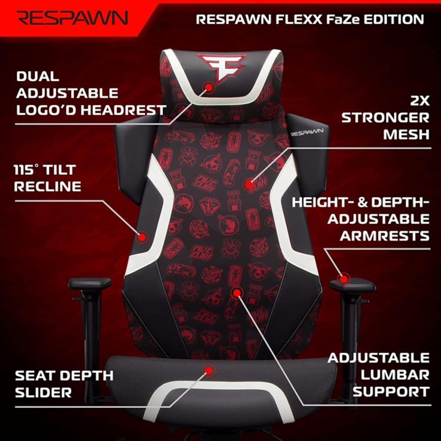 Respawn RESPAWN FLEXX Mesh Gaming Chair With Lumbar Support, Ergonomic Gaming Chair with Recline/Tilt Tension Controls, Adjustable Arms, 300lb Max Weight With Wheels for Computer/Desk/Office