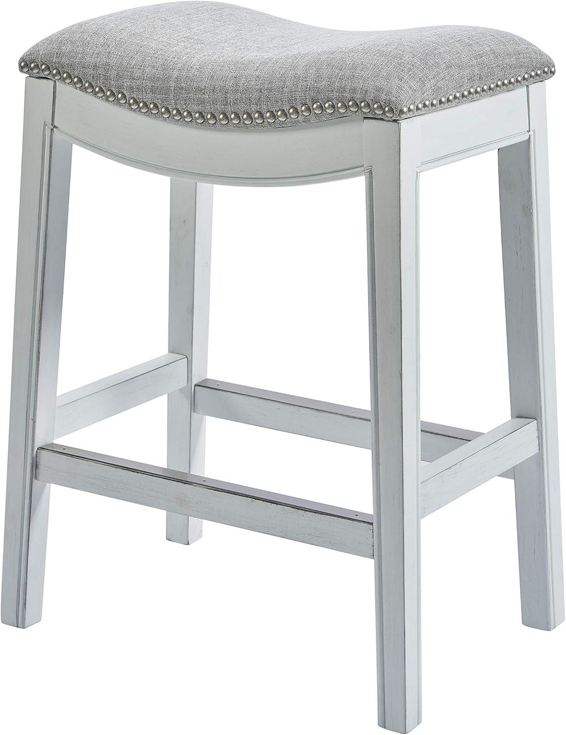 Zoey 31" White Wood Backless Saddle Barstool with Linen Seat