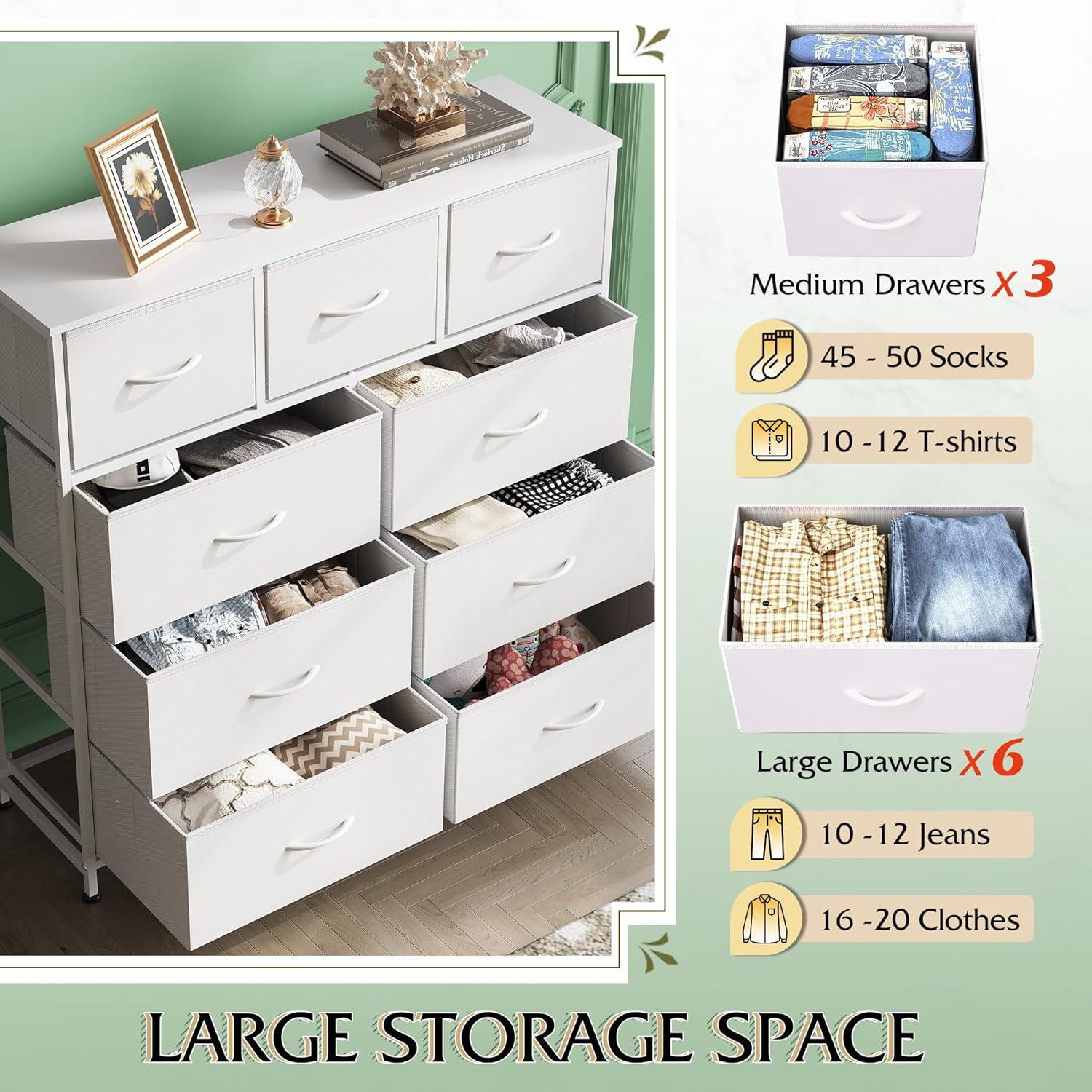 Yanming Fabric Storage Dresser with 9 Drawers, Steel Frame and Wooden Top for Bedroom, Closet, Entryway and Nursery, White