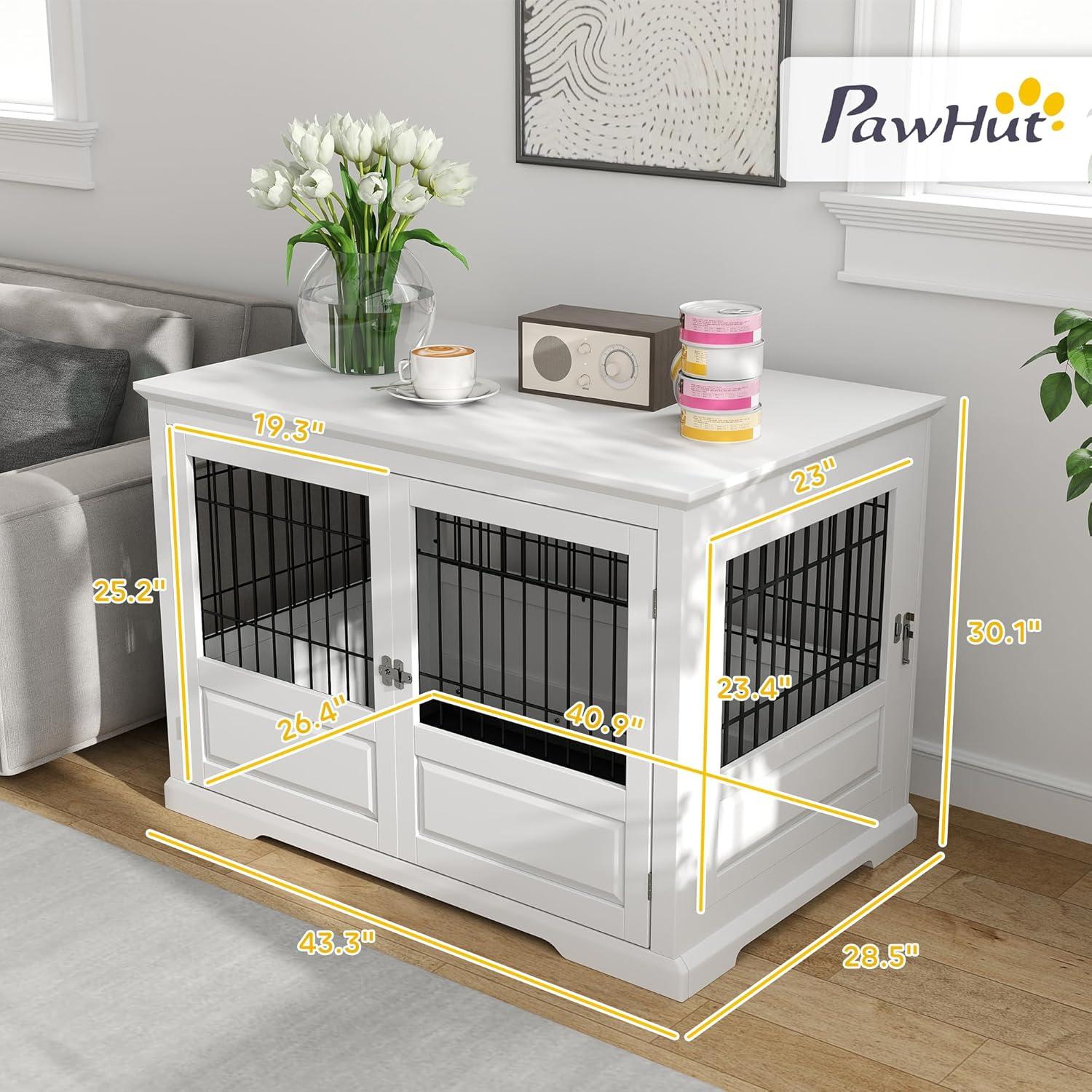 PawHut Dog Crate Furniture, 43" Dog Kennel End Table with 3 Doors, Removable Tray, for Extra Large Medium Small Dogs, Indoor Use, White