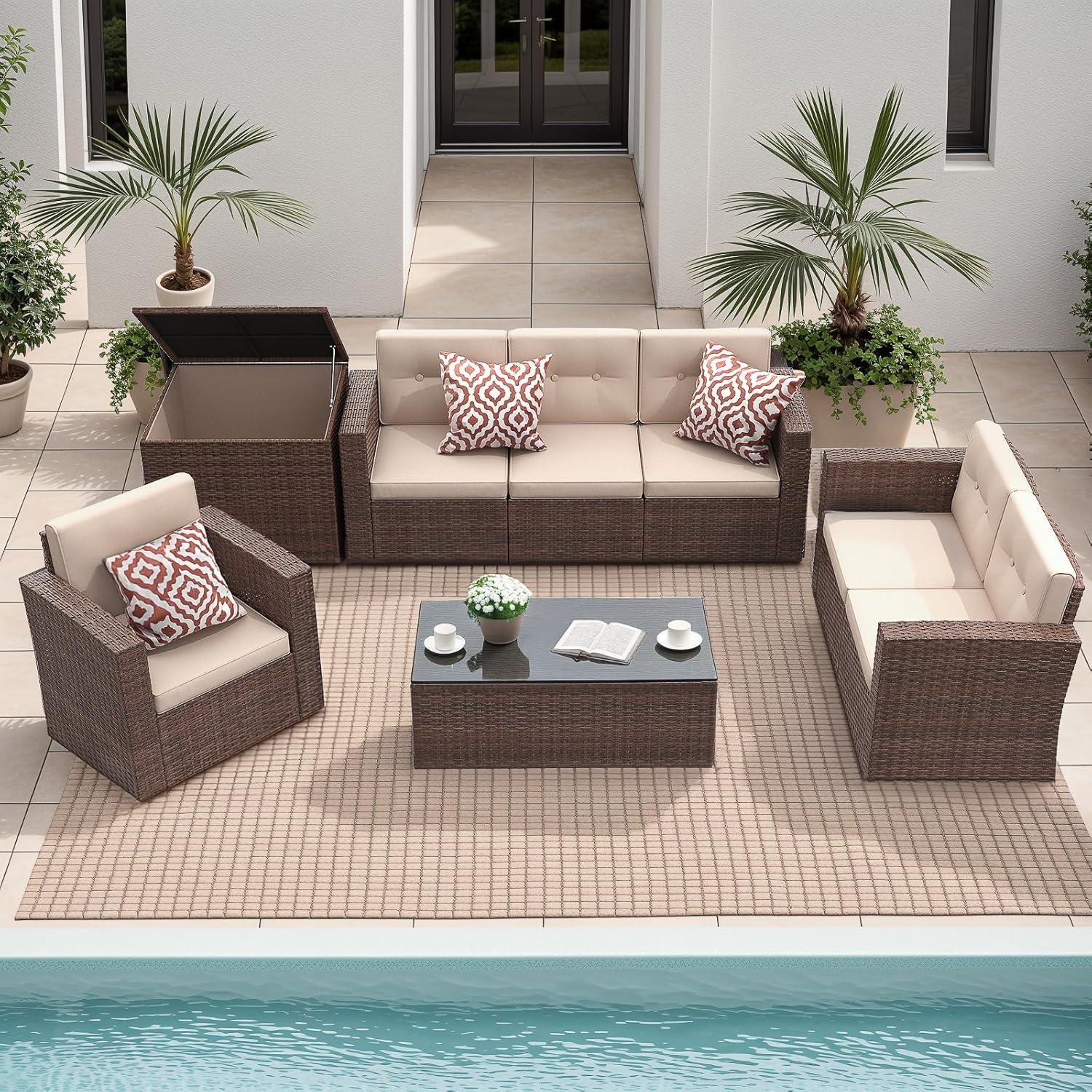 8-Piece Beige and Brown Wicker Patio Sectional Set