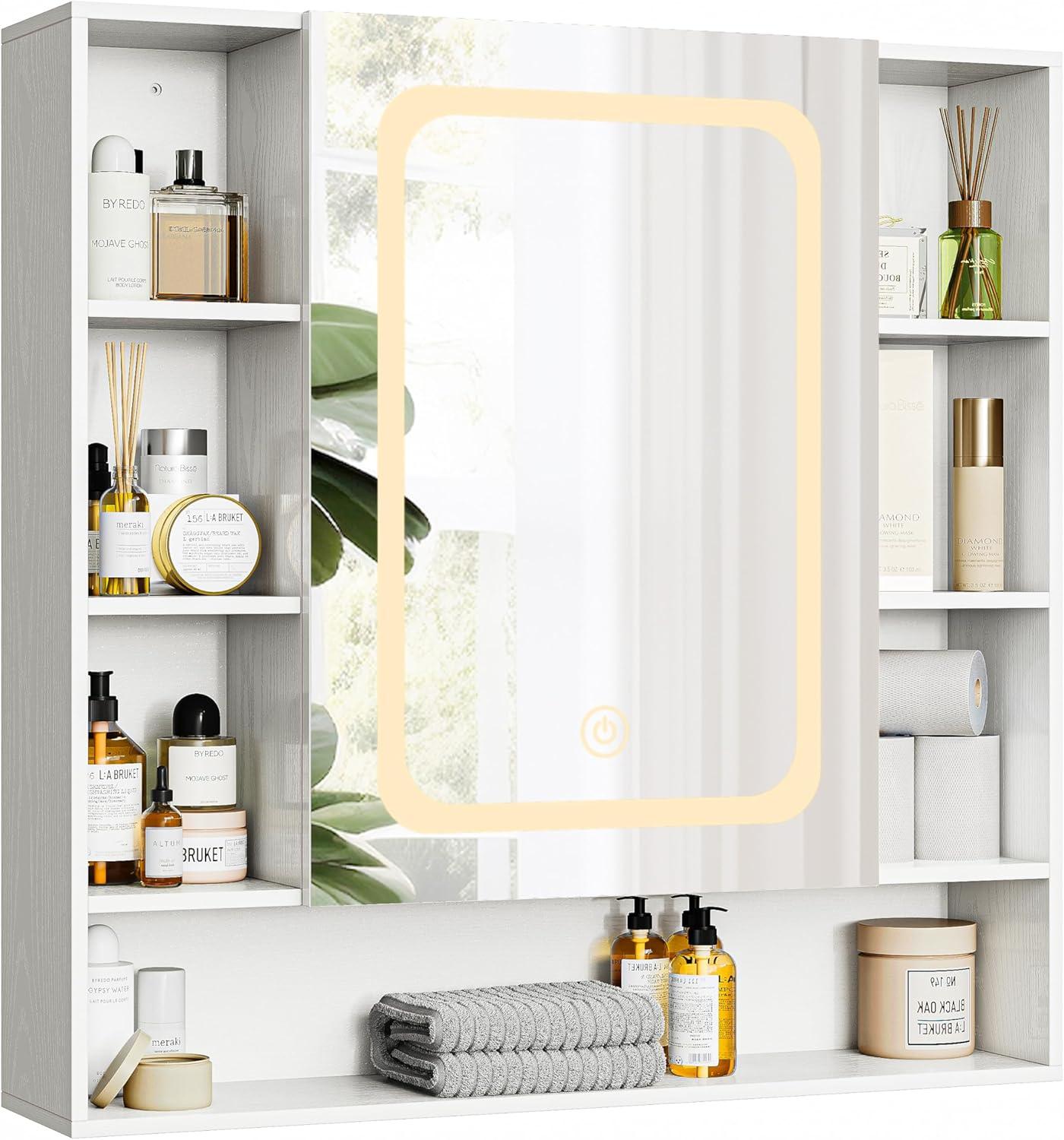 White Illuminated Wall-Mounted Medicine Cabinet with Glass Doors