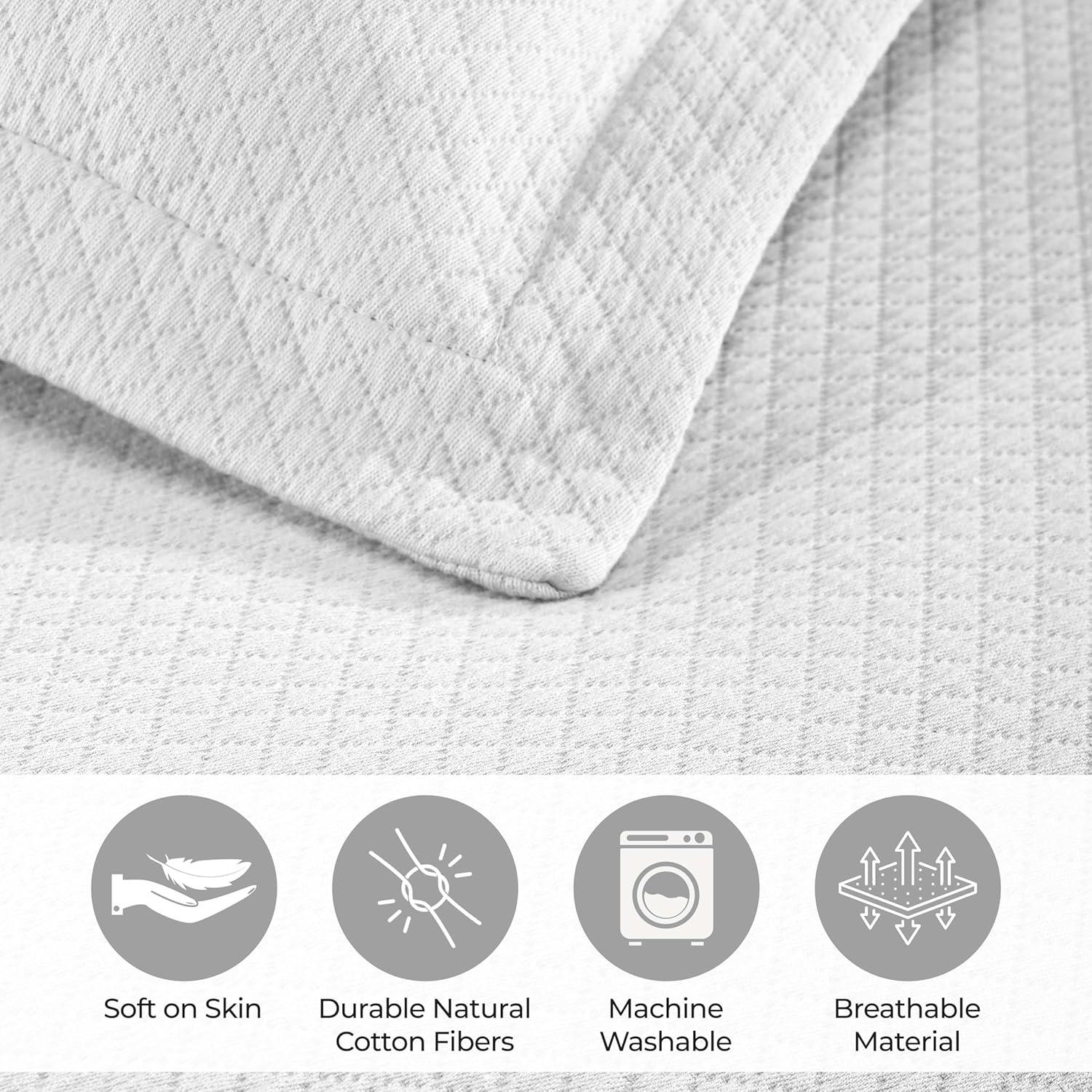 Superior Solitaire Cotton Decorative Bedspread and Sham Set, Queen, White