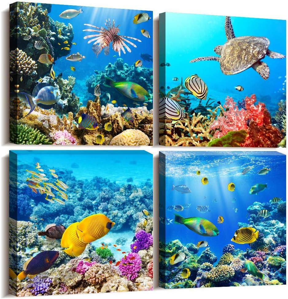 Bathroom Wall Decor Canvas wall art for living room Coral and Fish Modern Home Decor 4 Panels Stretched and Framed Ready to Hang blue Ocean Theme Sea Fish and sea Turtles undersea world Canvas Prints