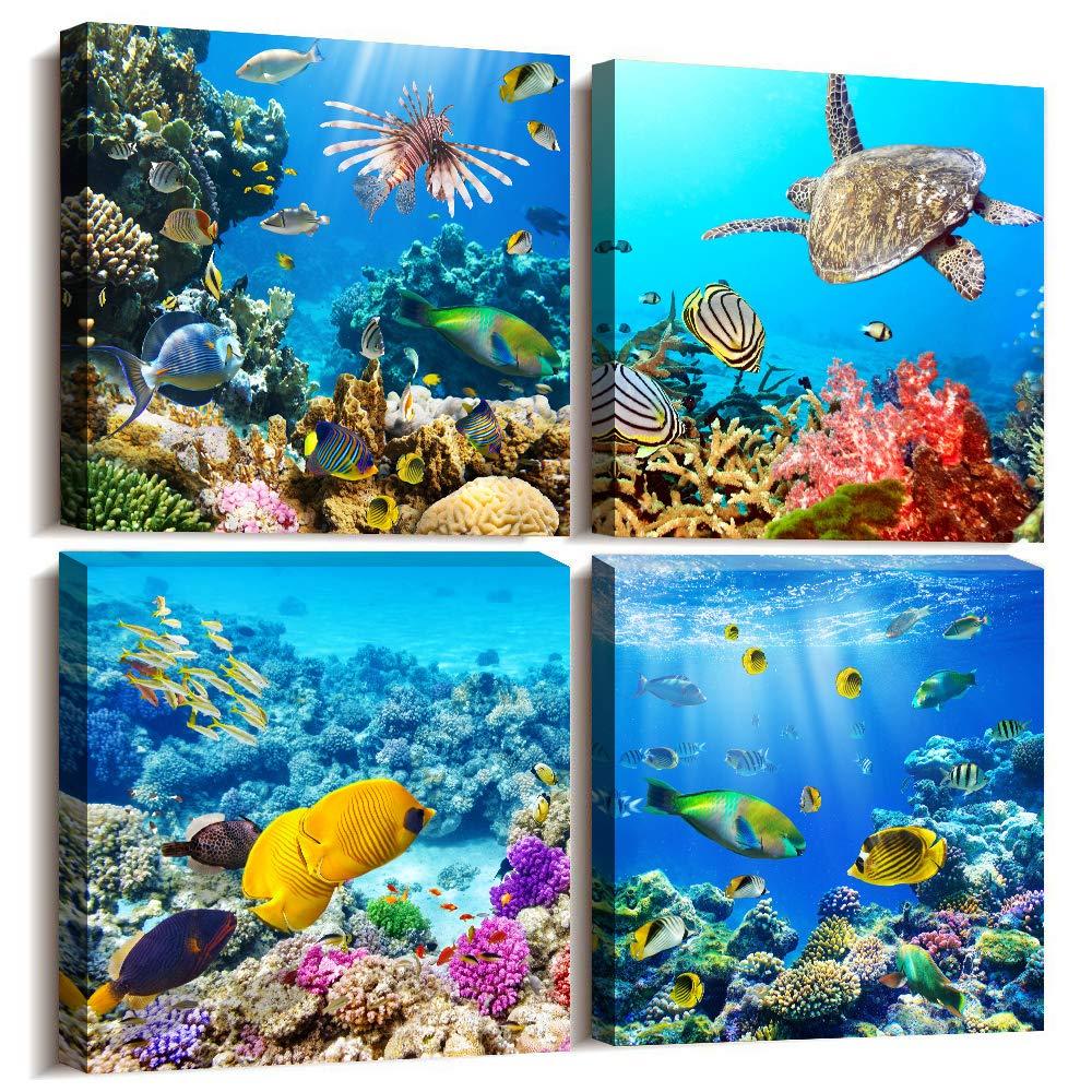 Bathroom Wall Decor Canvas wall art for living room Coral and Fish Modern Home Decor 4 Panels Stretched and Framed Ready to Hang blue Ocean Theme Sea Fish and sea Turtles undersea world Canvas Prints