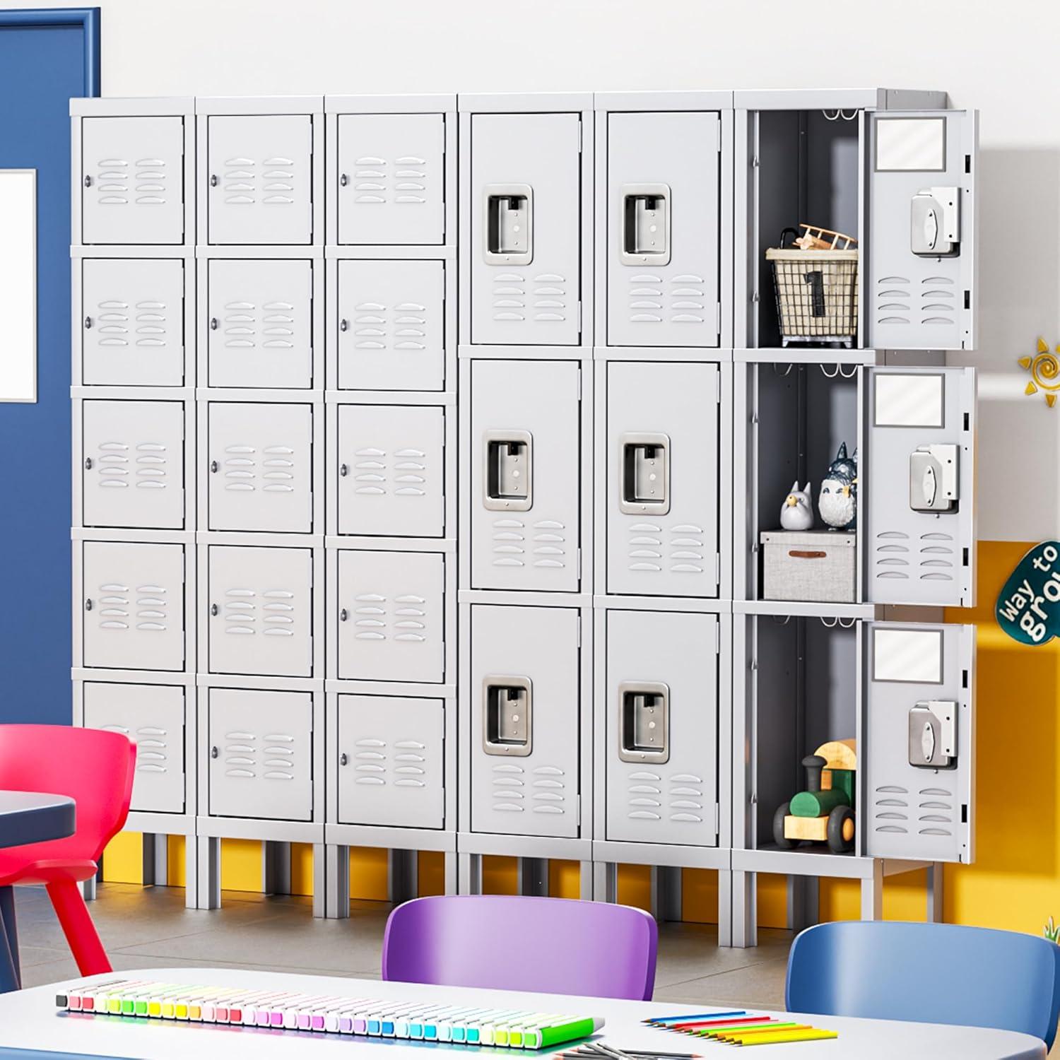 INTERGREAT Storage Locker for Employee,Office,Metal Gym Locker with 3 Door,Steel Grey Locker Cabinet Organization for School, Free Standing