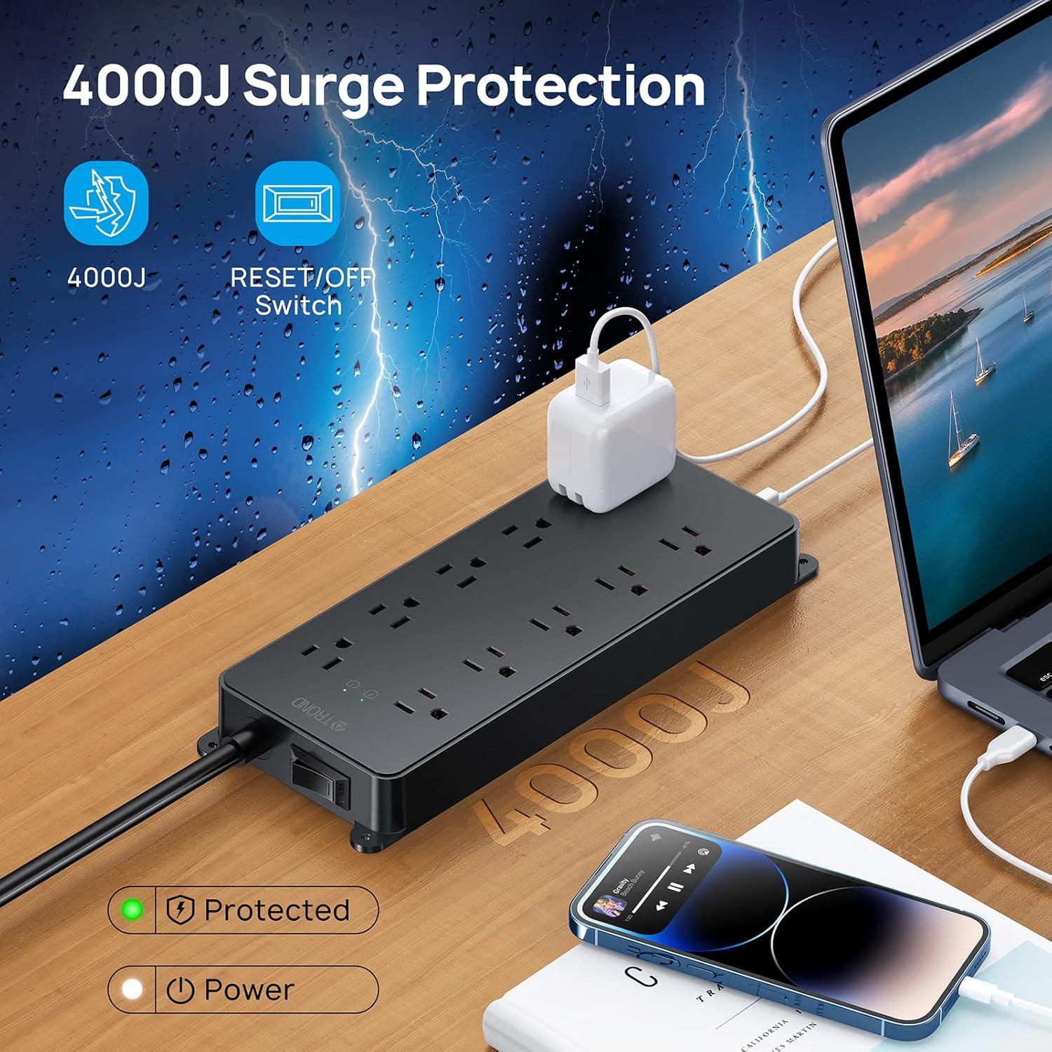 TROND Power Strip Surge Protector, 4000J, ETL Listed, 15A, 10 Widely Spaced Outlets with 4 USB Ports, Flat Plug 5ft Extension Cord, Wall Mountable, 14AWG Heavy Duty, for Home Office Garage, Black