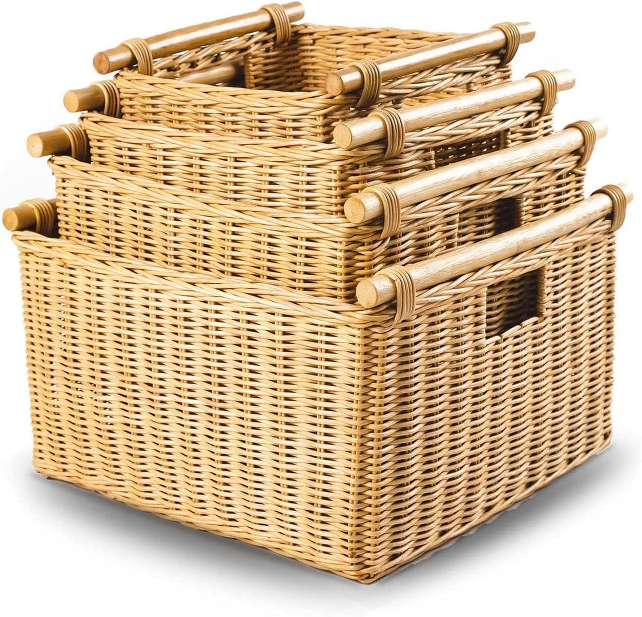 Drevy Deep Pole Handle Wicker Storage Basket, Large, 15 in L x 15.5 in W x 9.5 in H, Sandstone