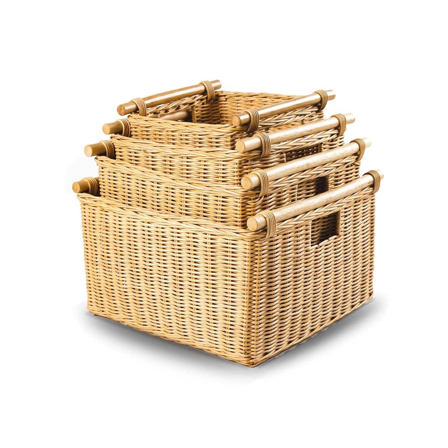 Drevy Deep Pole Handle Wicker Storage Basket, Large, 15 in L x 15.5 in W x 9.5 in H, Sandstone